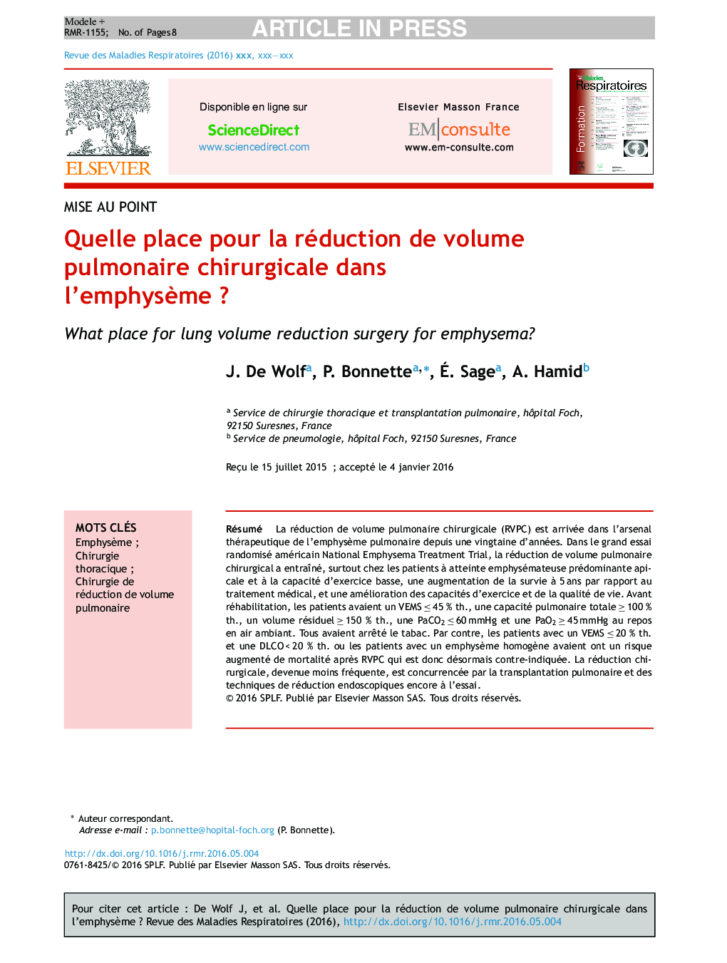 Quelle place pour la réduction de volume pulmonaire chirurgicale dans l'emphysÃ¨meÂ ?