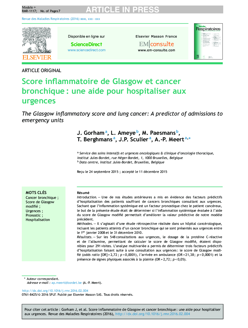 Score inflammatoire de Glasgow et cancer bronchiqueÂ : une aide pour hospitaliser aux urgences