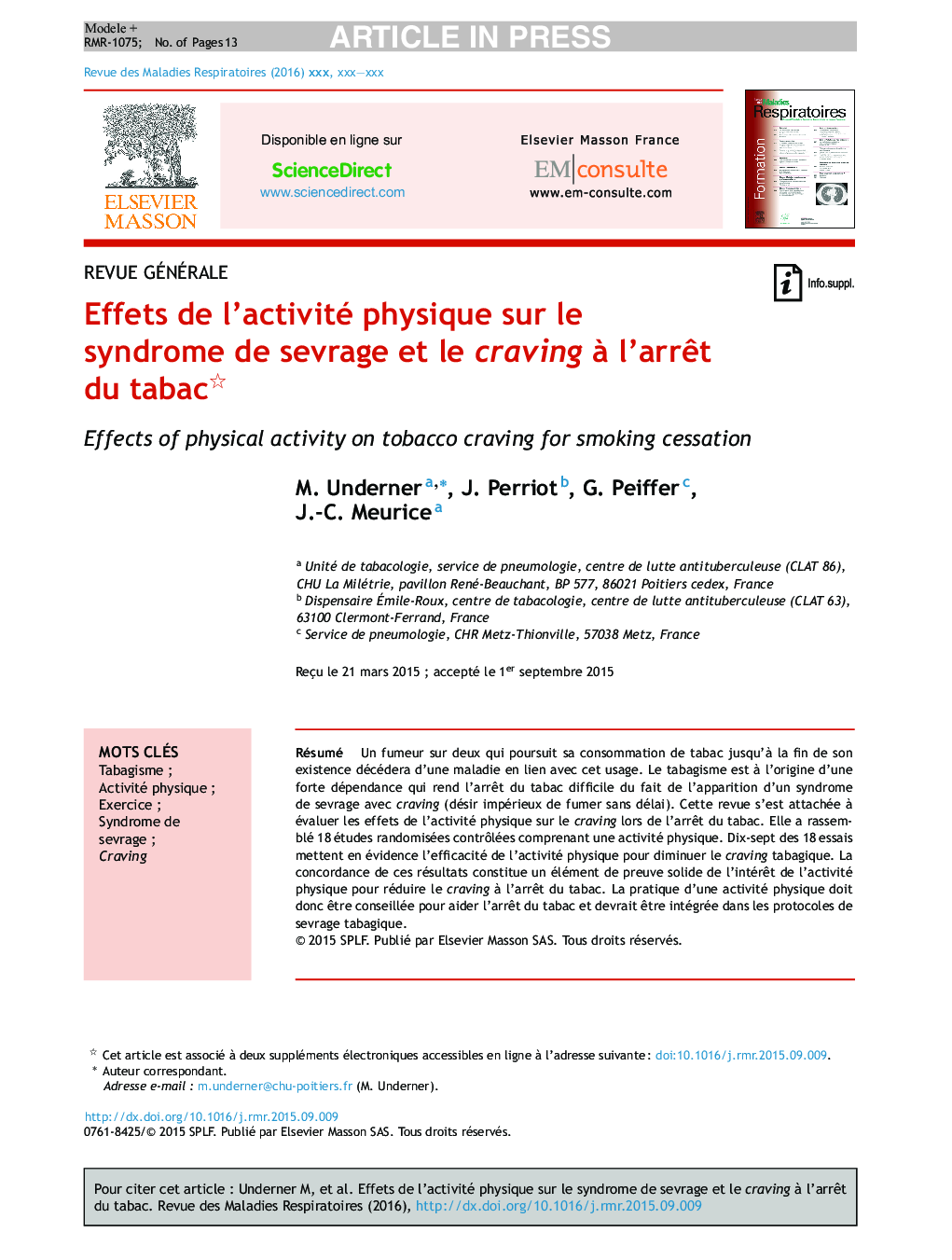عکس صفحه اول مقاله: Effets de l'activité physique sur le syndrome de sevrage et le craving à l'arrêt du tabac Effets de l'activité physique sur le syndrome de sevrage et le craving à l'arrêt du tabac