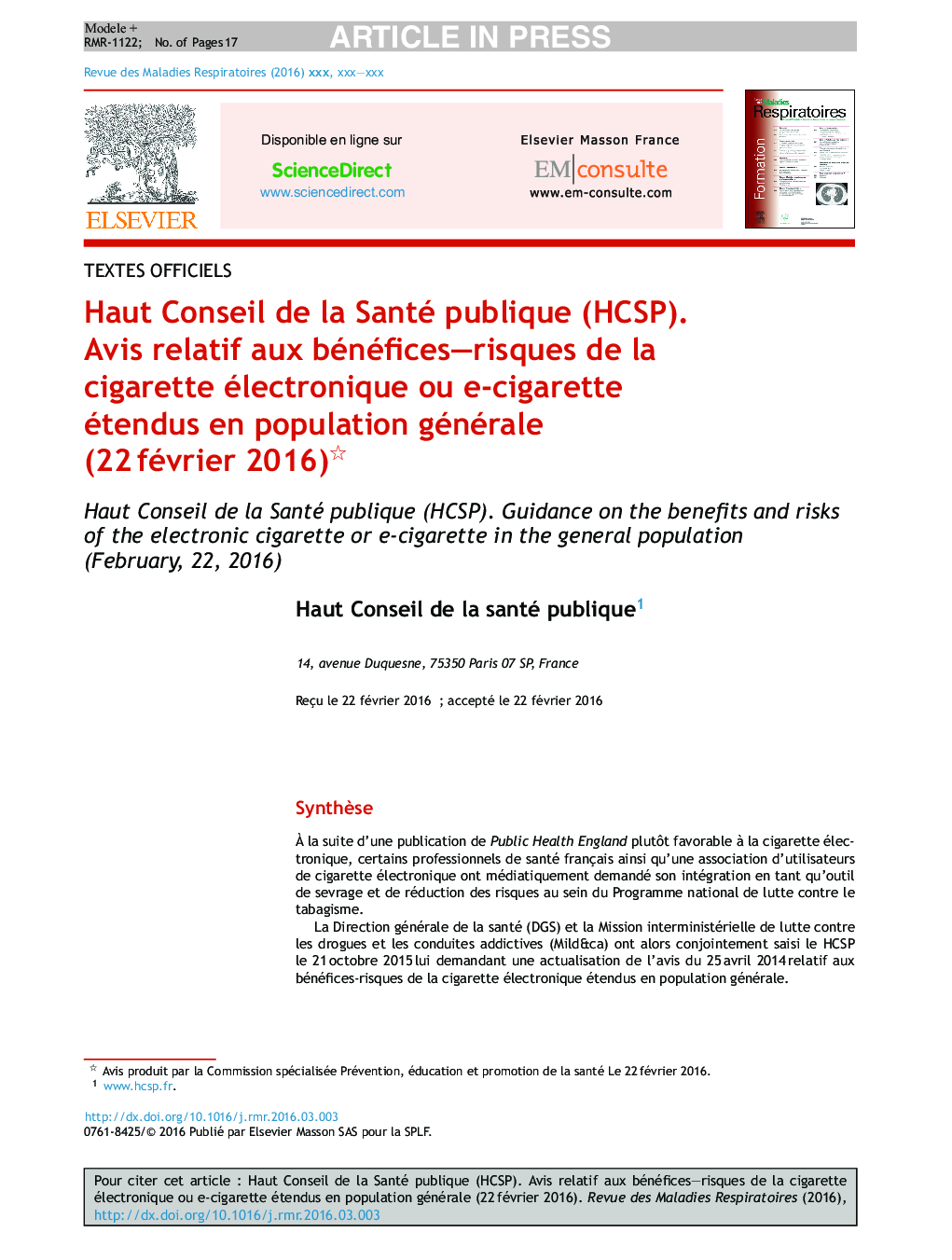 عکس صفحه اول مقاله: Haut Conseil de la Santé publique (HCSP). Avis relatif aux bénéfices-risques de la cigarette électronique ou e-cigarette étendus en population générale (22Â février 2016) Haut Conseil de la Santé publique (HCSP). Avis relatif aux bénéfices-risques de la cigarette électronique ou e-cigarette étendus en population générale (22Â février 2016)