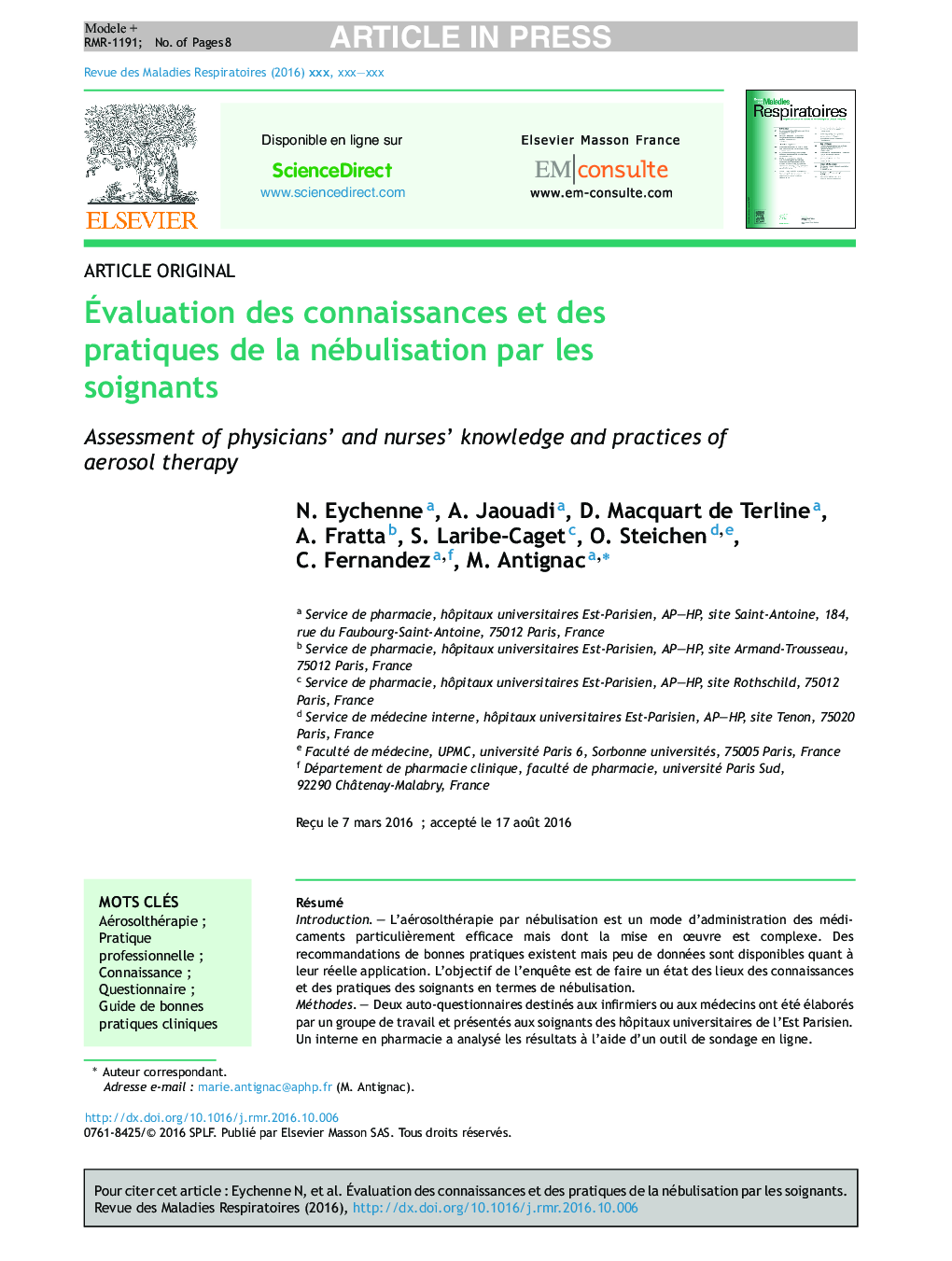 Ãvaluation des connaissances et des pratiques de la nébulisation par les soignants