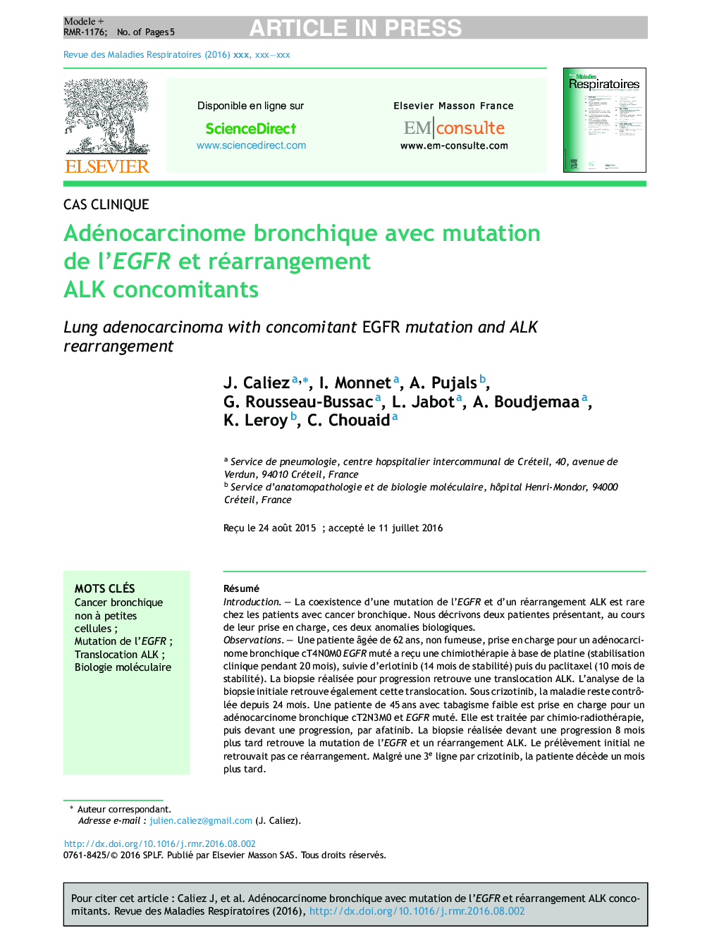 Adénocarcinome bronchique avec mutation de l'EGFR et réarrangement ALKÂ concomitants