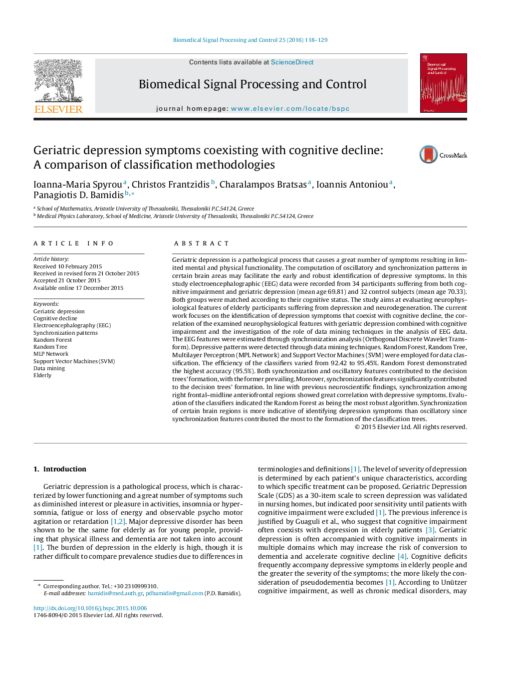 Geriatric depression symptoms coexisting with cognitive decline: A comparison of classification methodologies