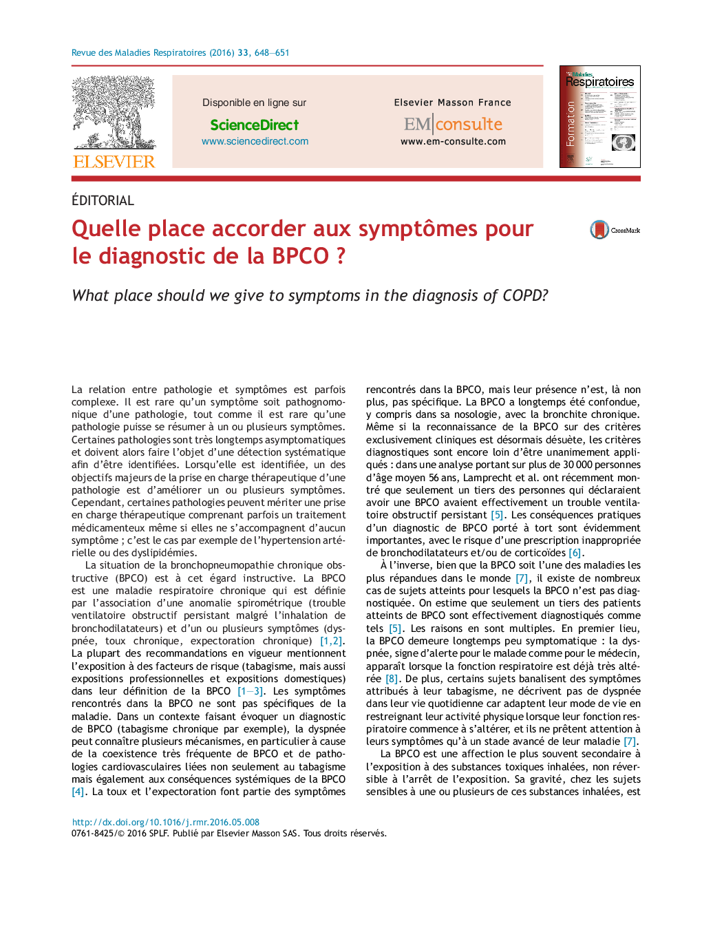 عکس صفحه اول مقاله: Quelle place accorder aux symptômes pour le diagnostic de la BPCO ? Quelle place accorder aux symptômes pour le diagnostic de la BPCO ?