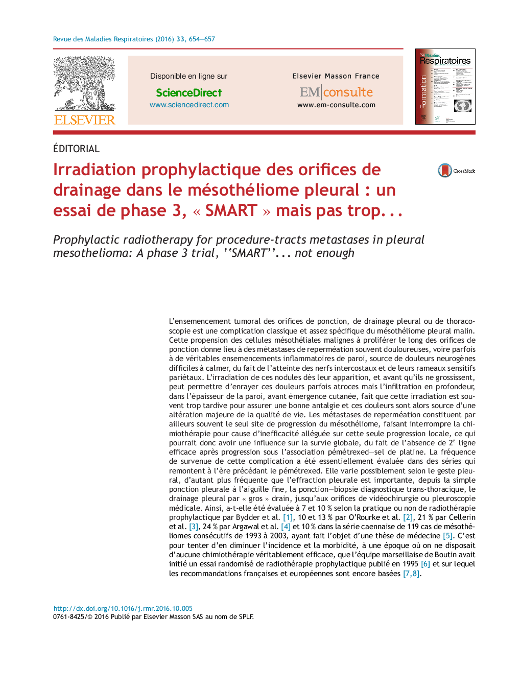 عکس صفحه اول مقاله: Irradiation prophylactique des orifices de drainage dans le mésothéliome pleural : un essai de phase 3, « SMART » mais pas trop⦠Irradiation prophylactique des orifices de drainage dans le mésothéliome pleural : un essai de phase 3, « SMART » mais pas tropâ¦