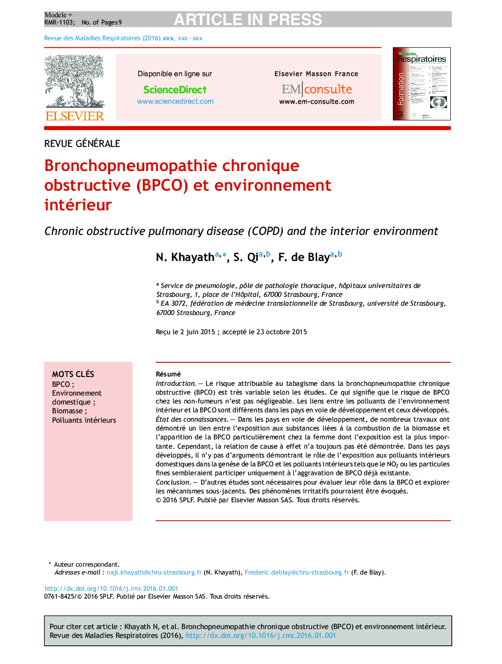 Bronchopneumopathie chronique obstructive (BPCO) et environnement intérieur