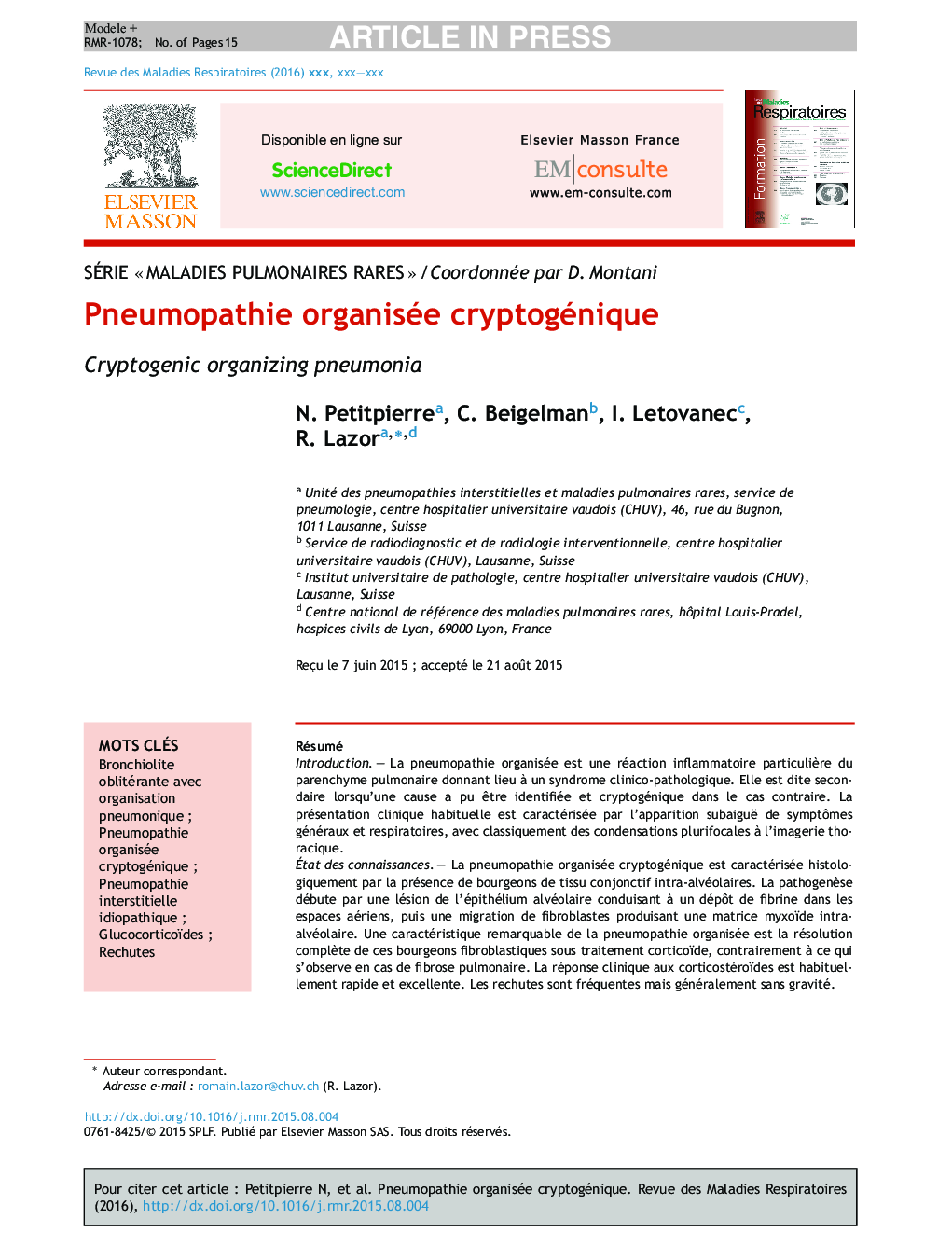 Pneumopathie organisée cryptogénique