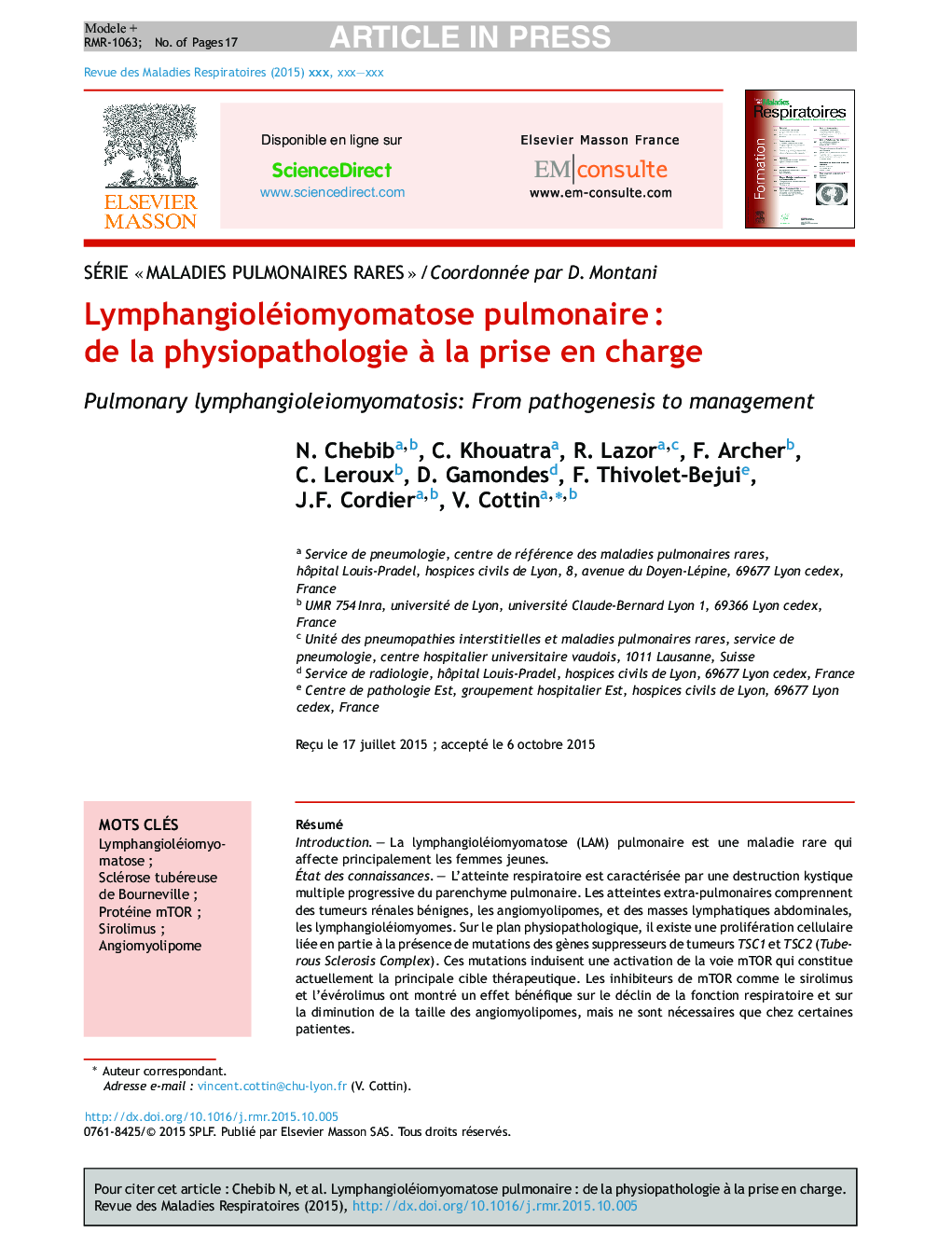 Lymphangioléiomyomatose pulmonaireÂ : de la physiopathologie Ã  la prise en charge