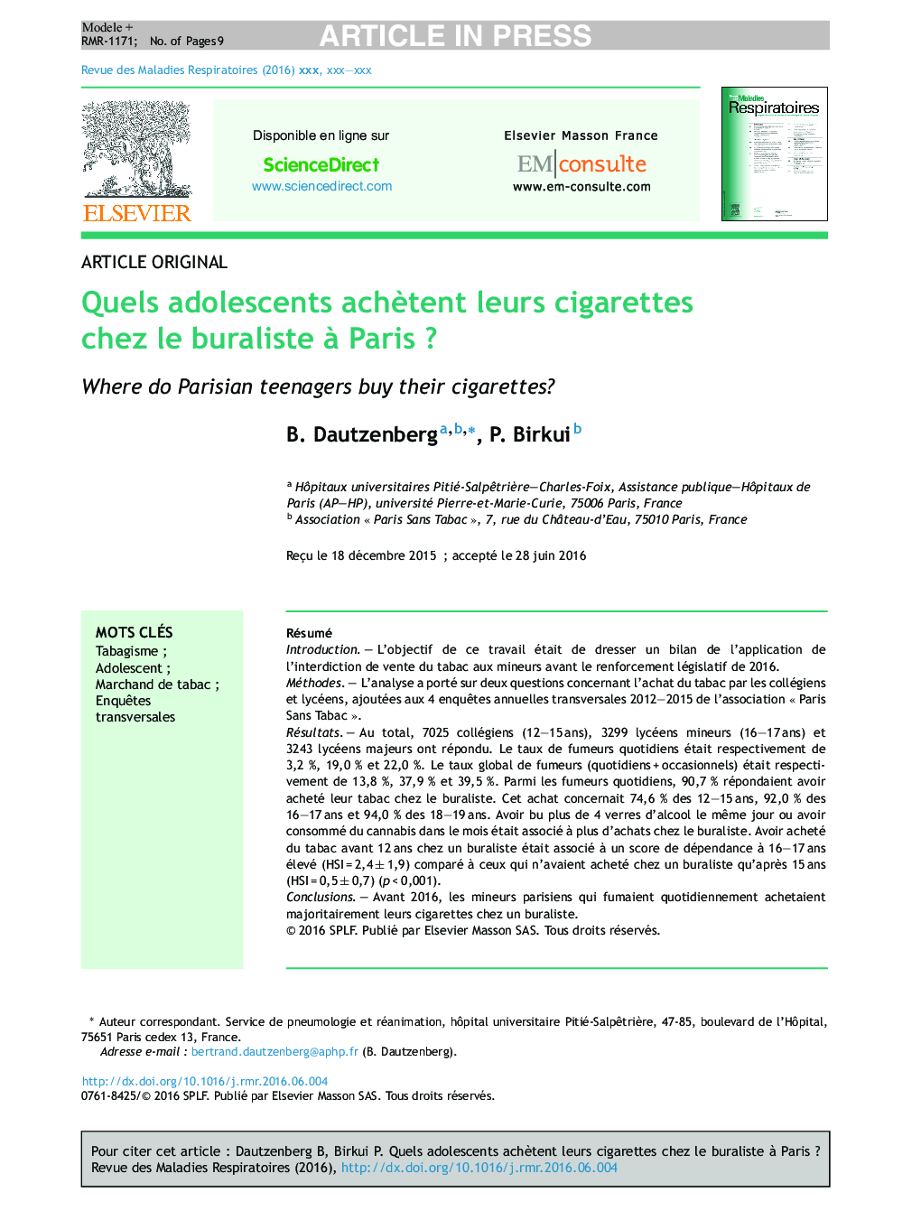 عکس صفحه اول مقاله: Quels adolescents achètent leurs cigarettes chez le buraliste à Paris ? Quels adolescents achètent leurs cigarettes chez le buraliste à Paris ?