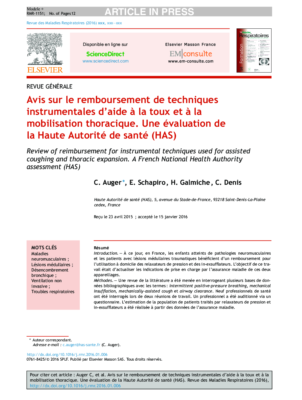 Avis sur le remboursement de techniques instrumentales d'aide Ã  la toux et Ã  la mobilisation thoracique. Une évaluation de la Haute Autorité de santé (HAS)