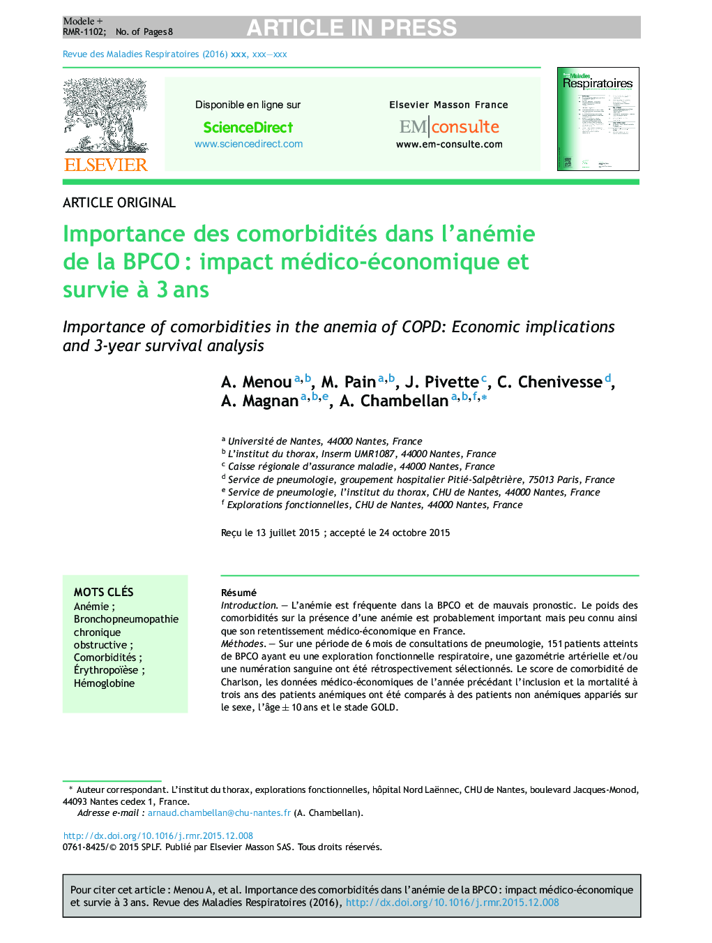 Importance des comorbidités dans l'anémie de la BPCOÂ : impact médico-économique et survie Ã  3Â ans