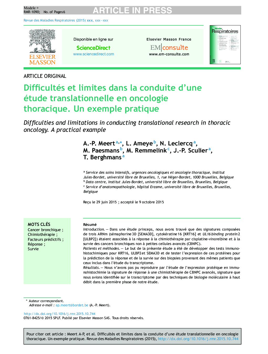 Difficultés et limites dans la conduite d'une étude translationnelle en oncologie thoracique. Un exemple pratique