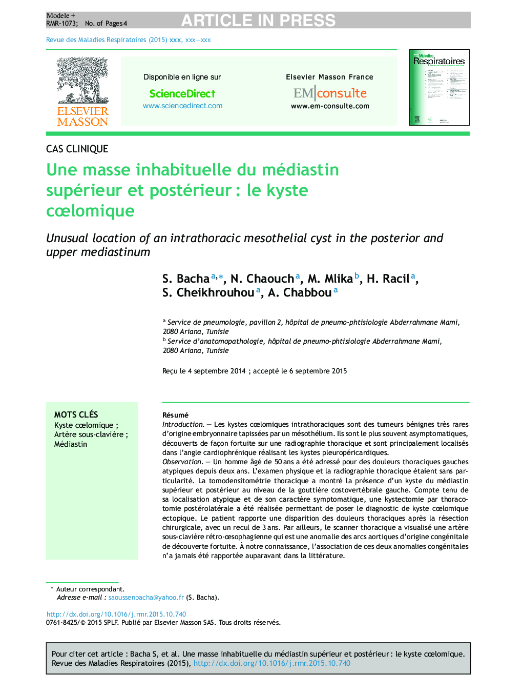 Une masse inhabituelle du médiastin supérieur et postérieurÂ : le kyste cÅlomique