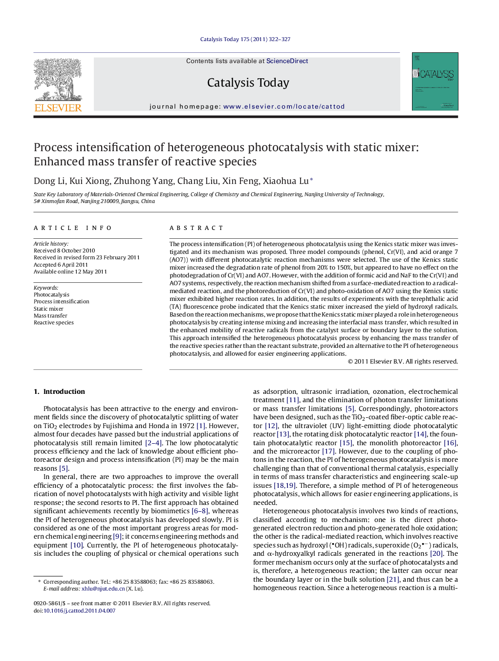 Process intensification of heterogeneous photocatalysis with static mixer: Enhanced mass transfer of reactive species