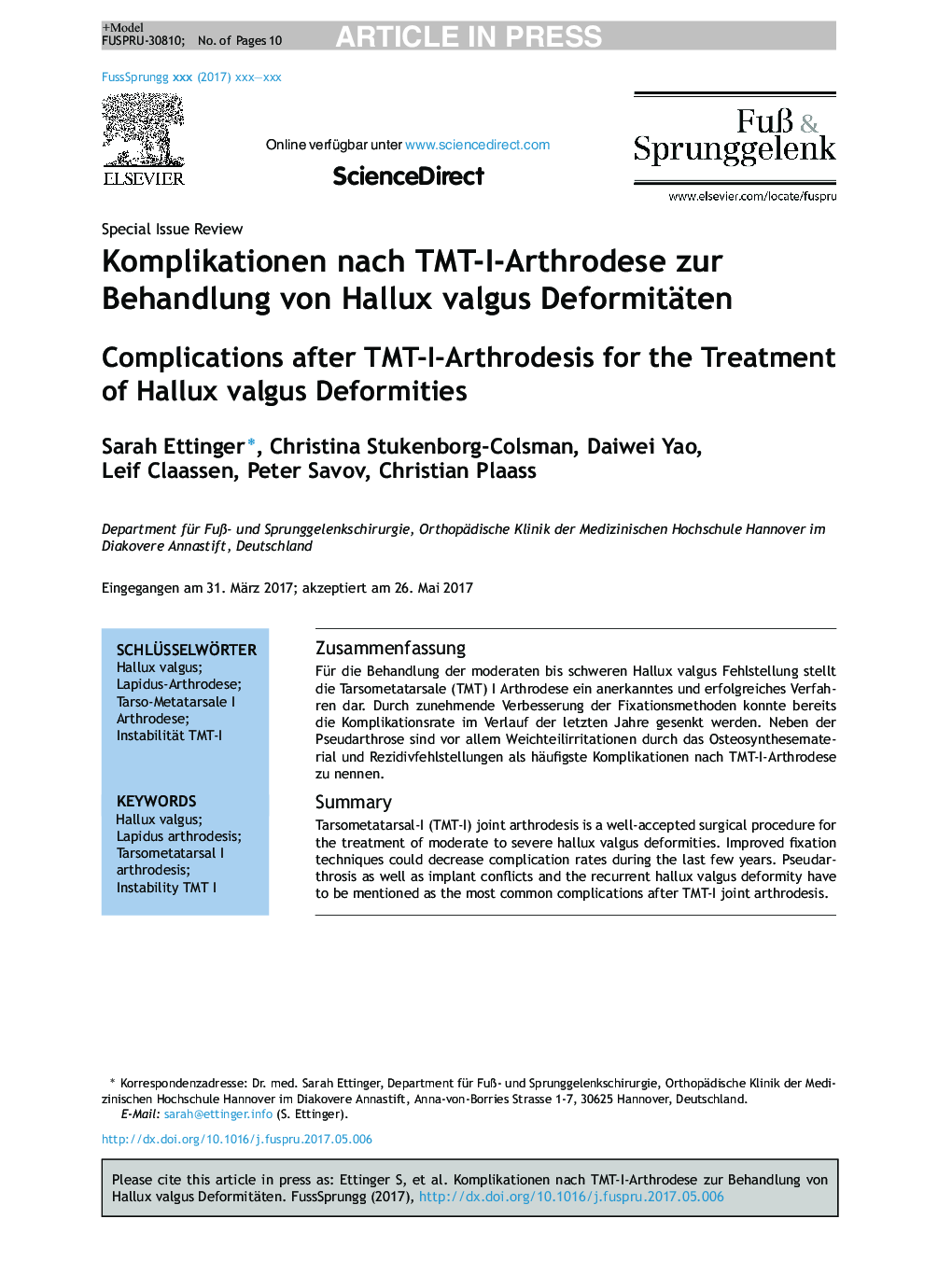 Komplikationen nach TMT-I-Arthrodese zur Behandlung von Hallux valgus Deformitäten