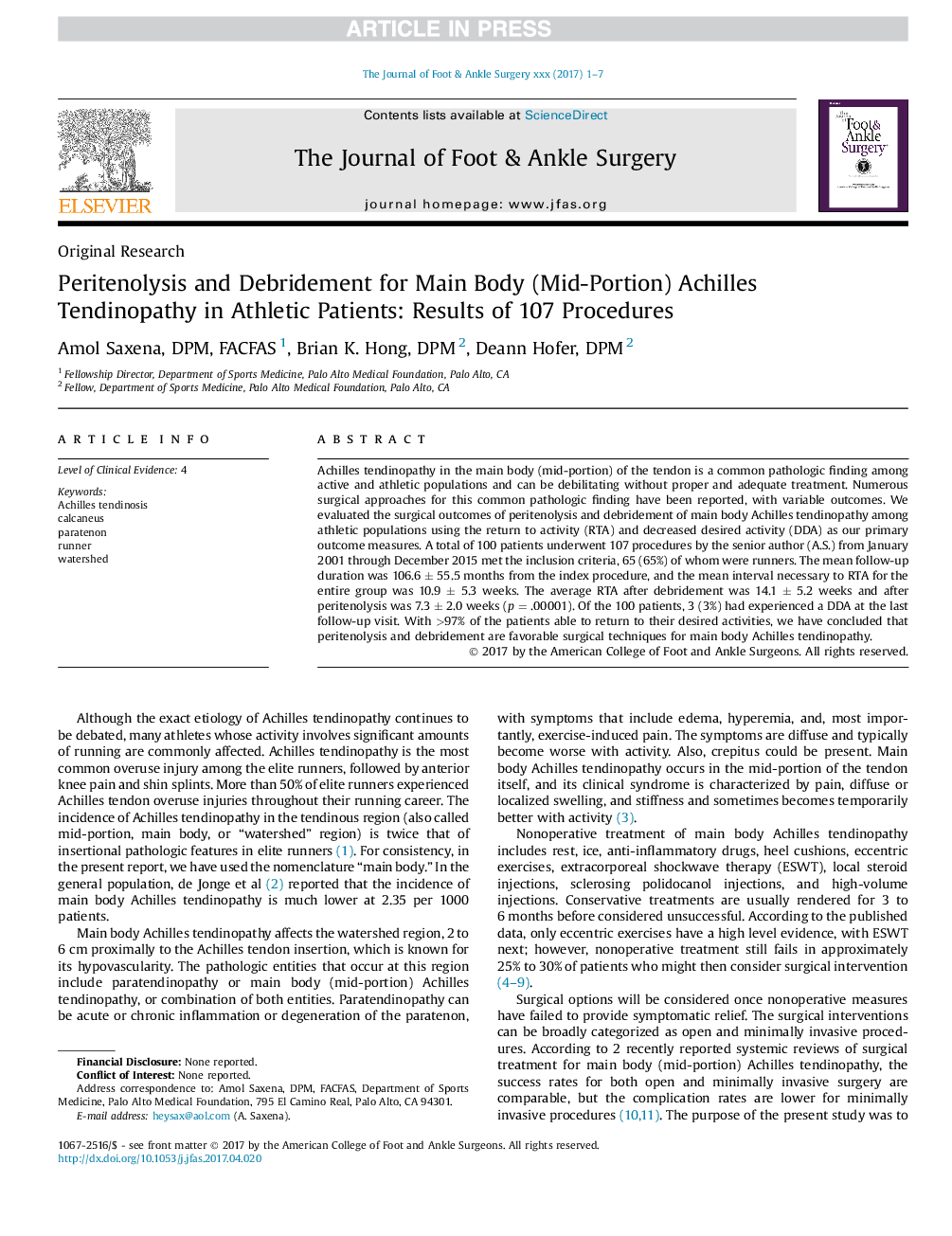 Peritenolysis and Debridement for Main Body (Mid-Portion) Achilles Tendinopathy in Athletic Patients: Results of 107 Procedures