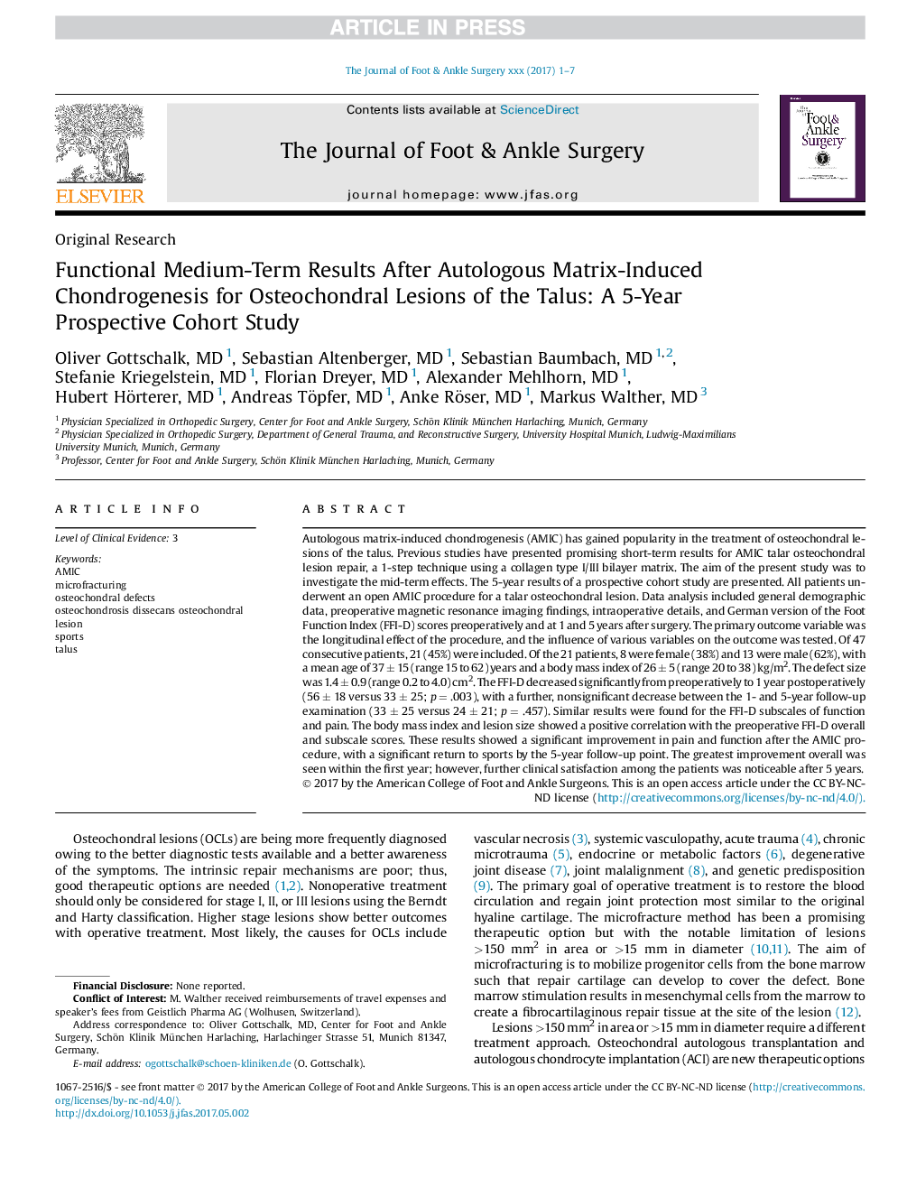 Functional Medium-Term Results After Autologous Matrix-Induced Chondrogenesis for Osteochondral Lesions of the Talus: A 5-Year Prospective Cohort Study