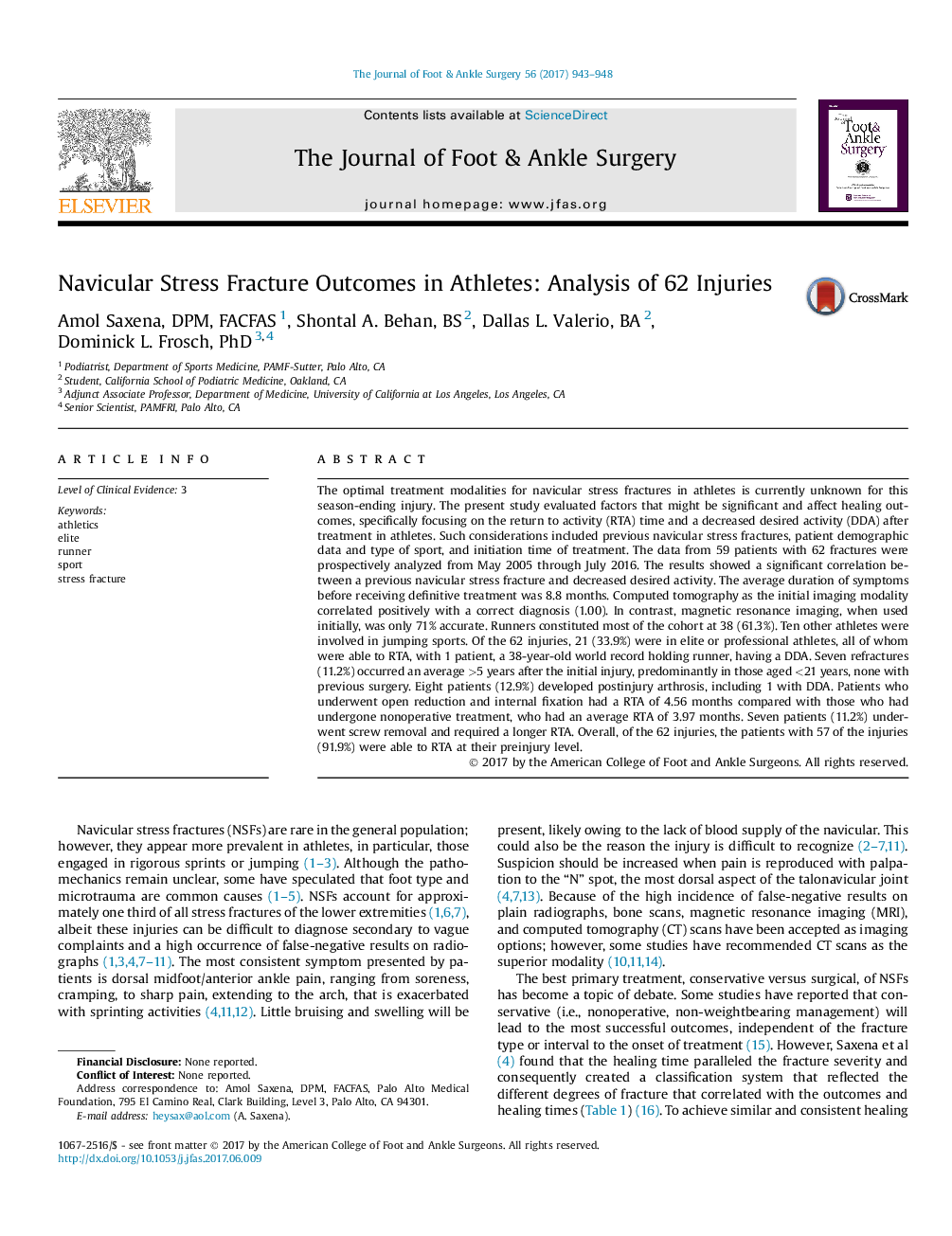 Navicular Stress Fracture Outcomes in Athletes: Analysis of 62 Injuries