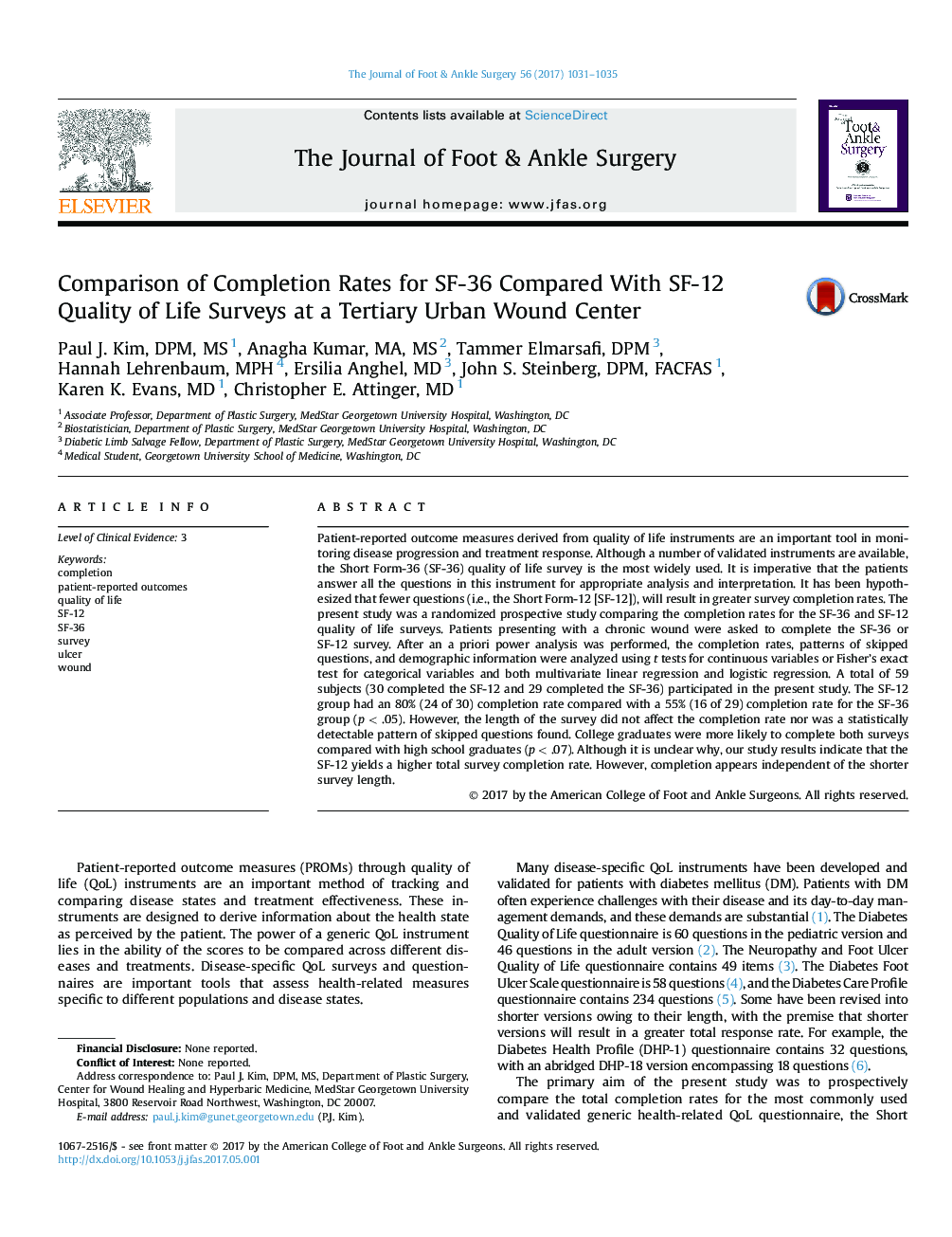 Comparison of Completion Rates for SF-36 Compared With SF-12 Quality of Life Surveys at a Tertiary Urban Wound Center