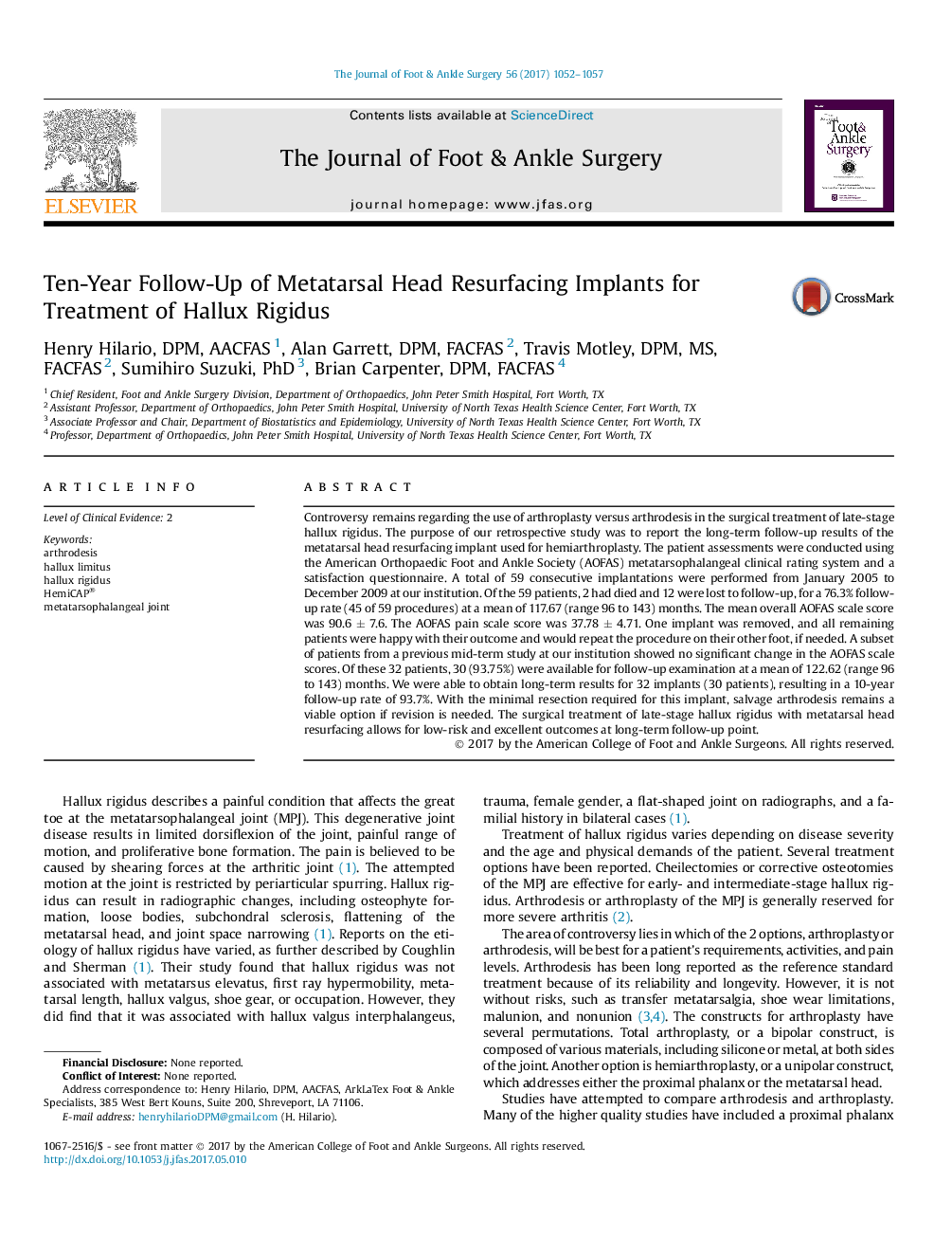 Ten-Year Follow-Up of Metatarsal Head Resurfacing Implants for Treatment of Hallux Rigidus