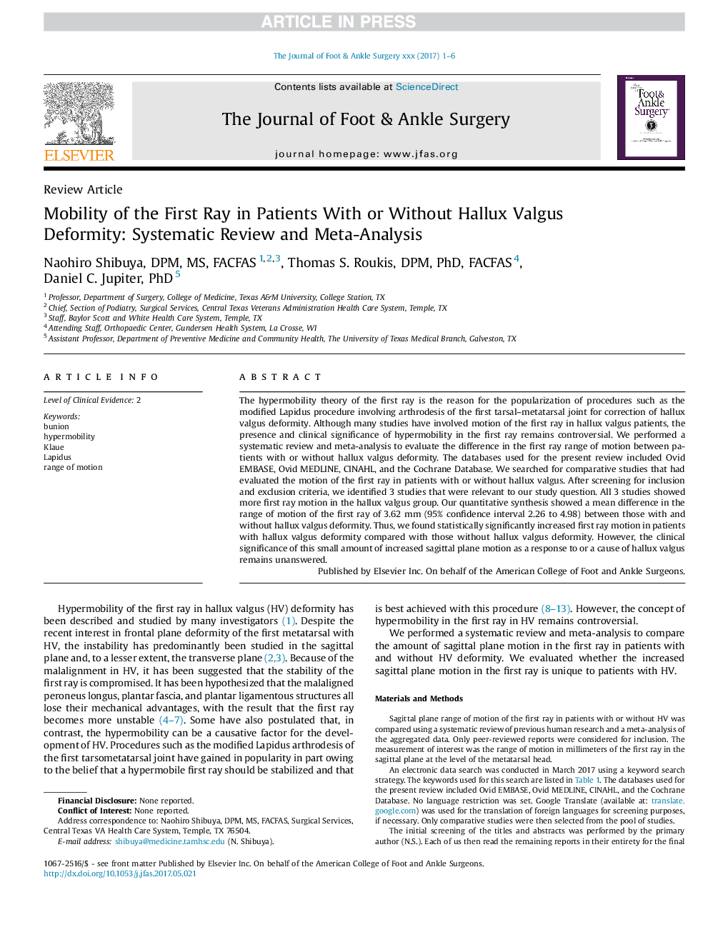 Mobility of the First Ray in Patients With or Without Hallux Valgus Deformity: Systematic Review and Meta-Analysis