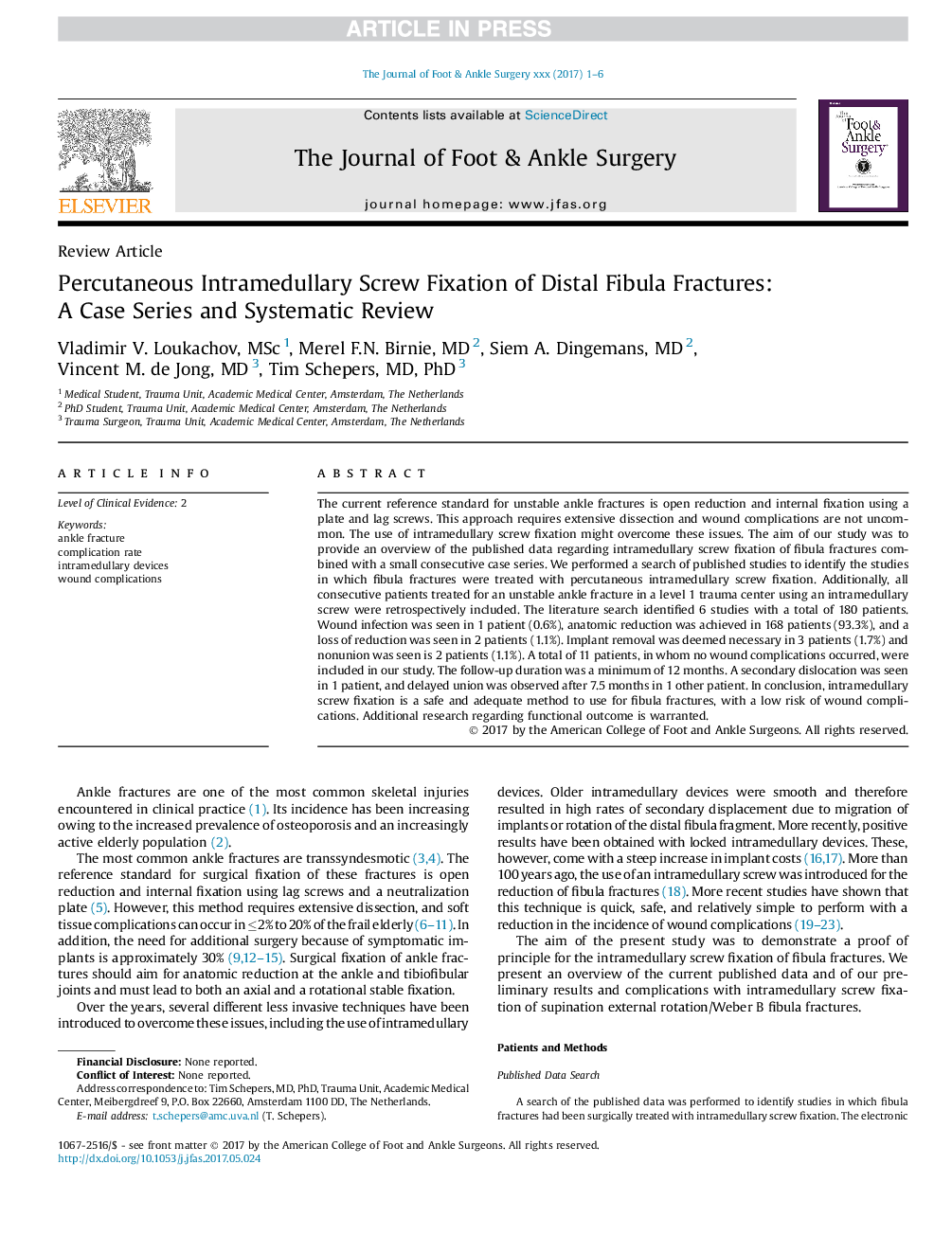 Percutaneous Intramedullary Screw Fixation of Distal Fibula Fractures: A Case Series and Systematic Review