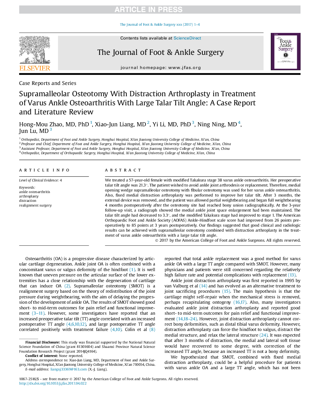 Supramalleolar Osteotomy With Distraction Arthroplasty in Treatment of Varus Ankle Osteoarthritis With Large Talar Tilt Angle: A Case Report and Literature Review