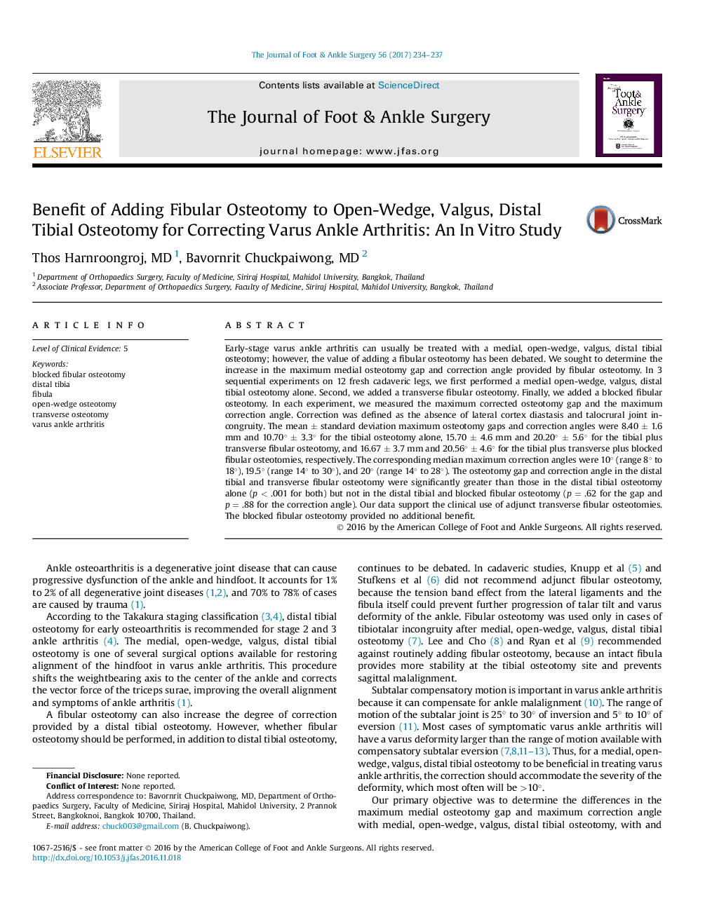 Benefit of Adding Fibular Osteotomy to Open-Wedge, Valgus, Distal Tibial Osteotomy for Correcting Varus Ankle Arthritis: An InÂ Vitro Study