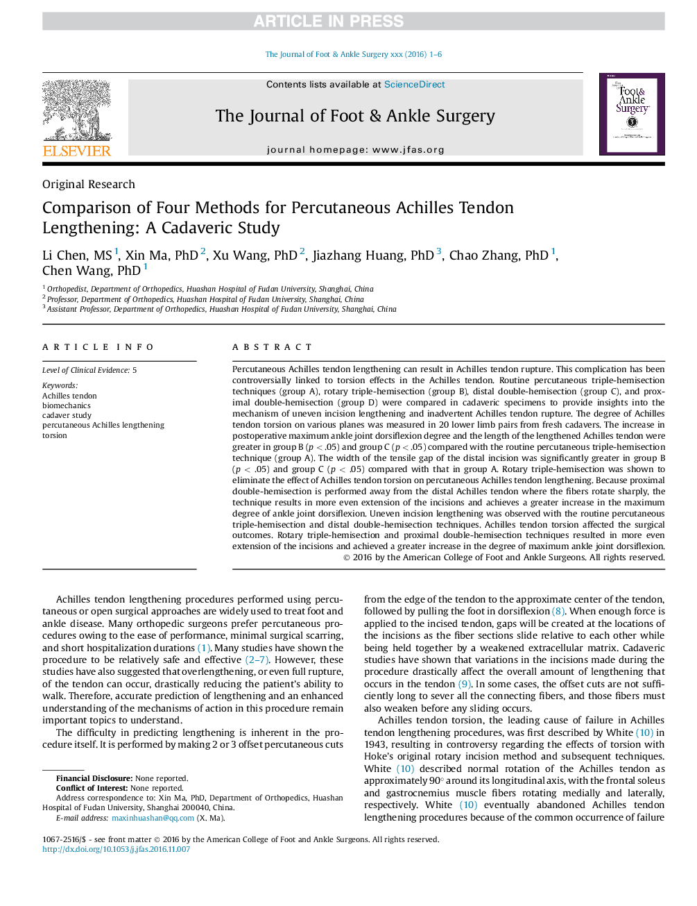 Comparison of Four Methods for Percutaneous Achilles Tendon Lengthening: A Cadaveric Study