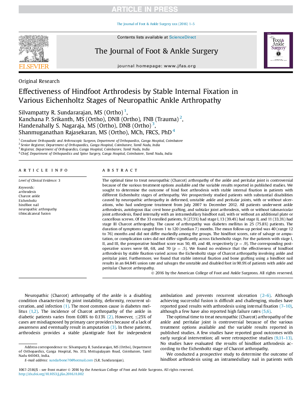 Effectiveness of Hindfoot Arthrodesis by Stable Internal Fixation in Various Eichenholtz Stages of Neuropathic Ankle Arthropathy