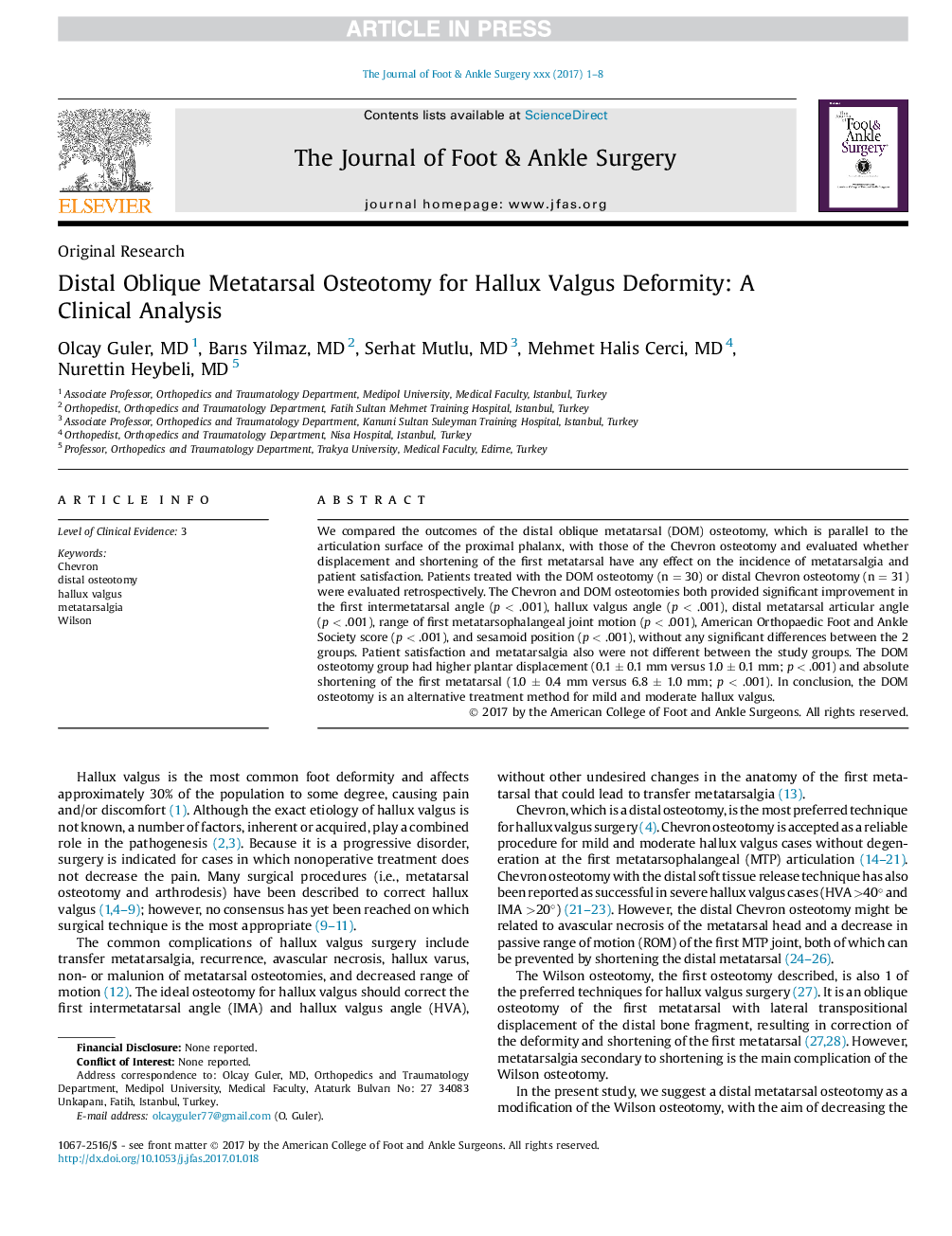 Distal Oblique Metatarsal Osteotomy for Hallux Valgus Deformity: A Clinical Analysis