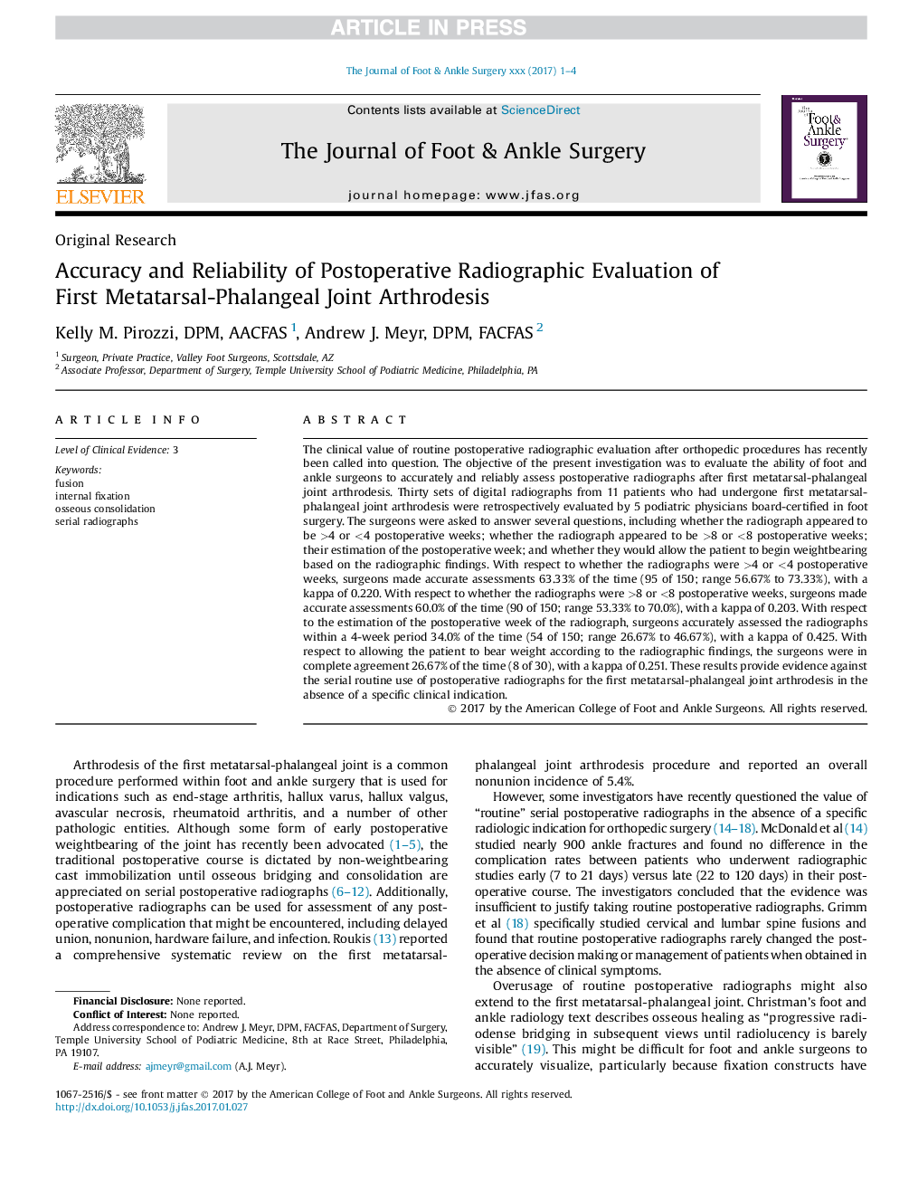 Accuracy and Reliability of Postoperative Radiographic Evaluation of First Metatarsal-Phalangeal Joint Arthrodesis