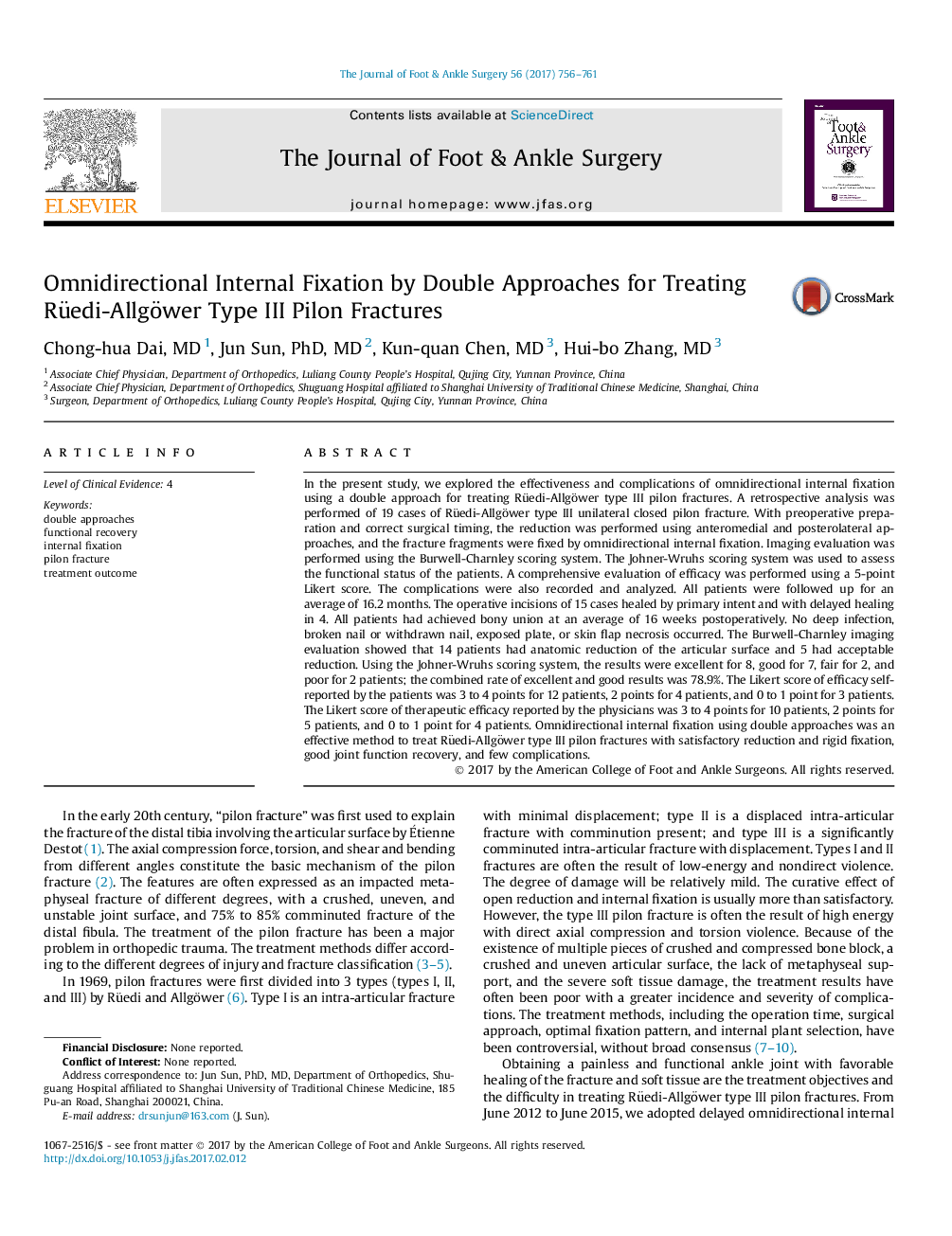 Omnidirectional Internal Fixation by Double Approaches for Treating Rüedi-Allgöwer Type III Pilon Fractures