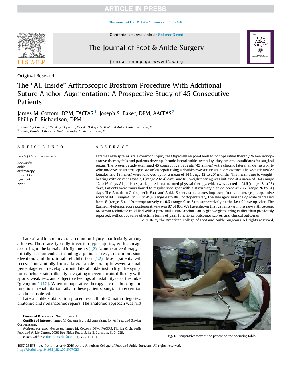 The “All-Inside” Arthroscopic Broström Procedure With Additional Suture Anchor Augmentation: A Prospective Study of 45 Consecutive Patients