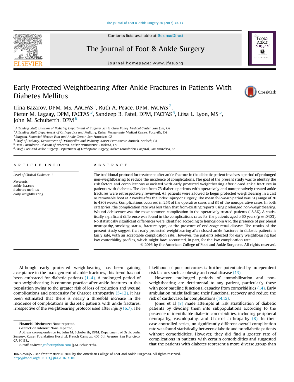 Early Protected Weightbearing After Ankle Fractures in Patients With Diabetes Mellitus