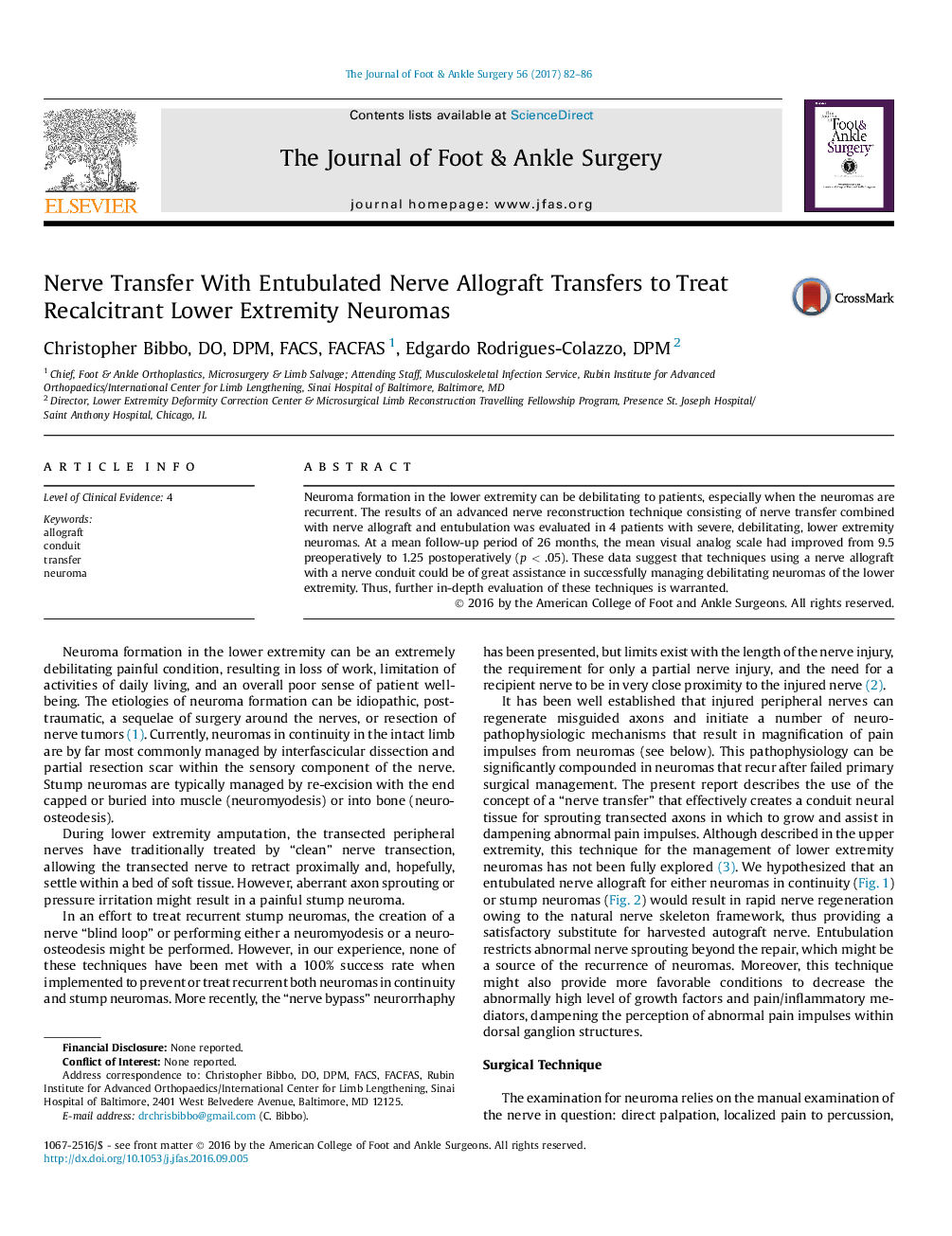 Nerve Transfer With Entubulated Nerve Allograft Transfers to Treat Recalcitrant Lower Extremity Neuromas