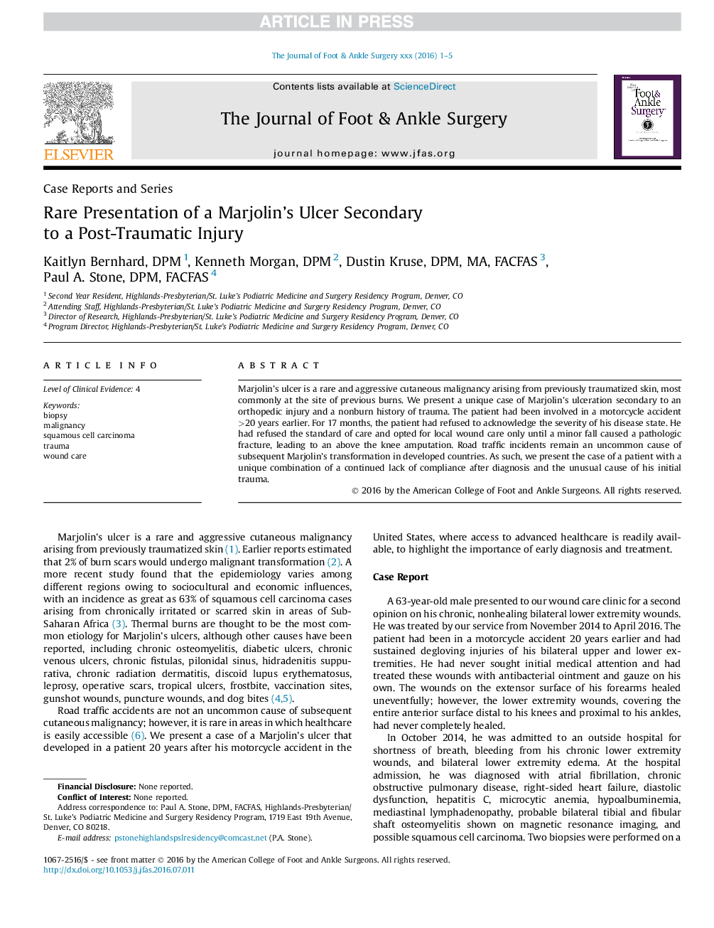 Rare Presentation of a Marjolin's Ulcer Secondary to a Post-Traumatic Injury