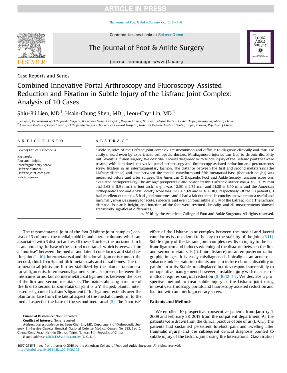 Combined Innovative Portal Arthroscopy and Fluoroscopy-Assisted Reduction and Fixation in Subtle Injury of the Lisfranc Joint Complex: Analysis of 10 Cases