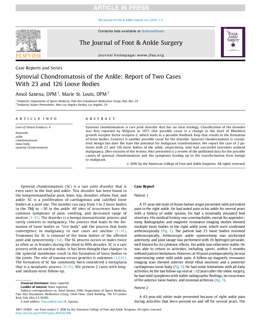 Synovial Chondromatosis of the Ankle: Report of Two Cases With 23 and 126 Loose Bodies