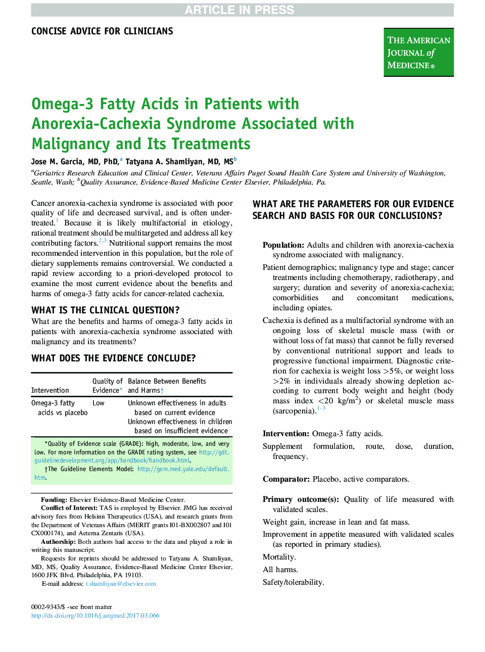 Omega-3 Fatty Acids in Patients with Anorexia-Cachexia Syndrome Associated with Malignancy and Its Treatments