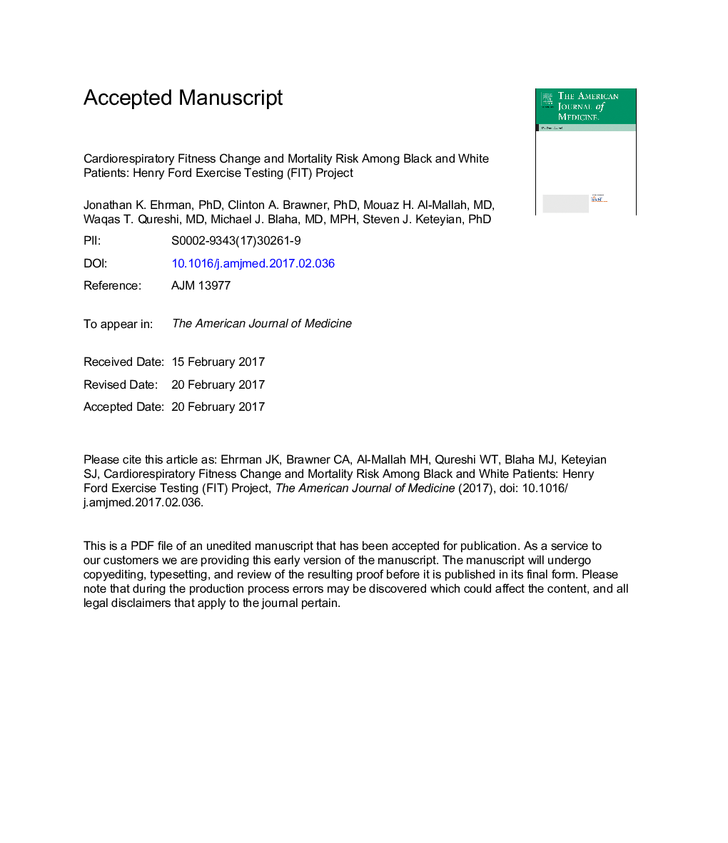 عکس صفحه اول مقاله: Cardiorespiratory Fitness Change and Mortality Risk Among Black and White Patients: Henry Ford Exercise Testing (FIT) Project Cardiorespiratory Fitness Change and Mortality Risk Among Black and White Patients: Henry Ford Exercise Testing (FIT) Project