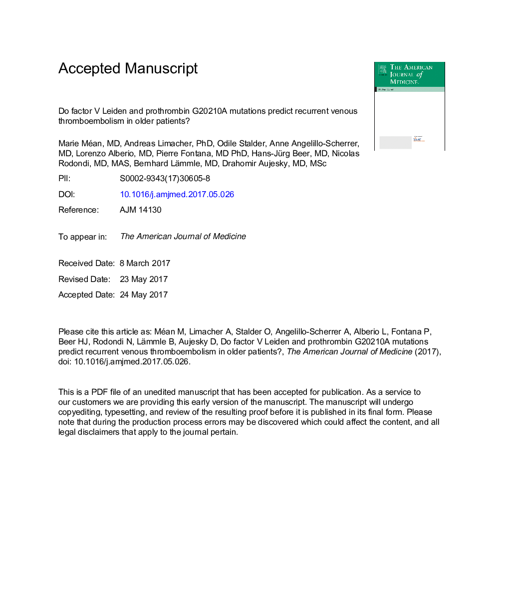 Do Factor V Leiden and Prothrombin G20210A Mutations Predict Recurrent Venous Thromboembolism in Older Patients?