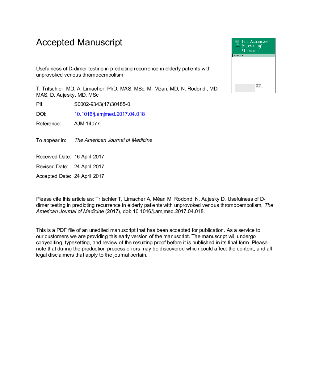 Usefulness of D-Dimer Testing in Predicting Recurrence in Elderly Patients with Unprovoked Venous Thromboembolism