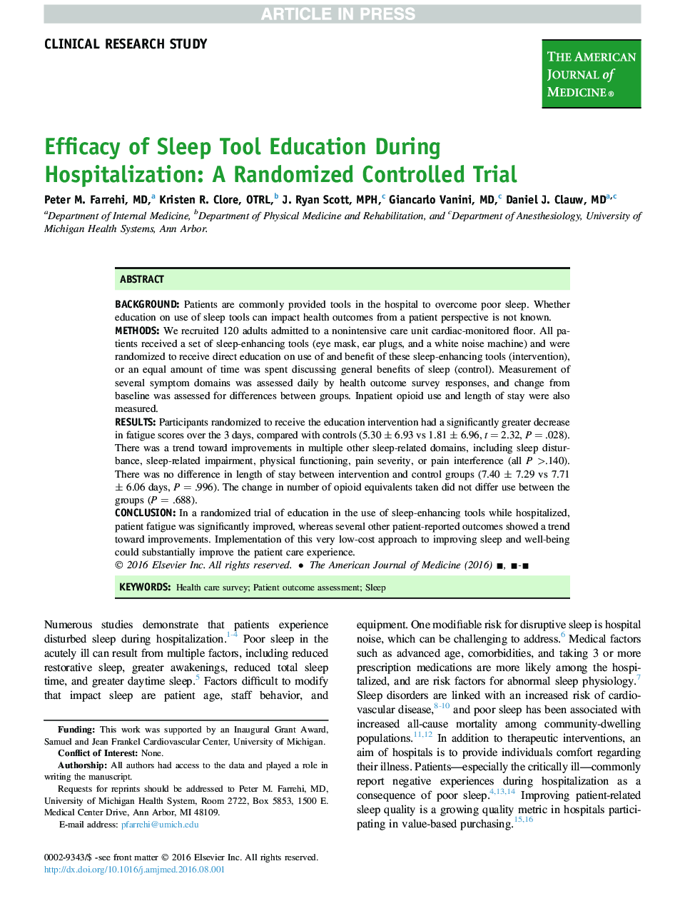 Efficacy of Sleep Tool Education During Hospitalization: A Randomized Controlled Trial