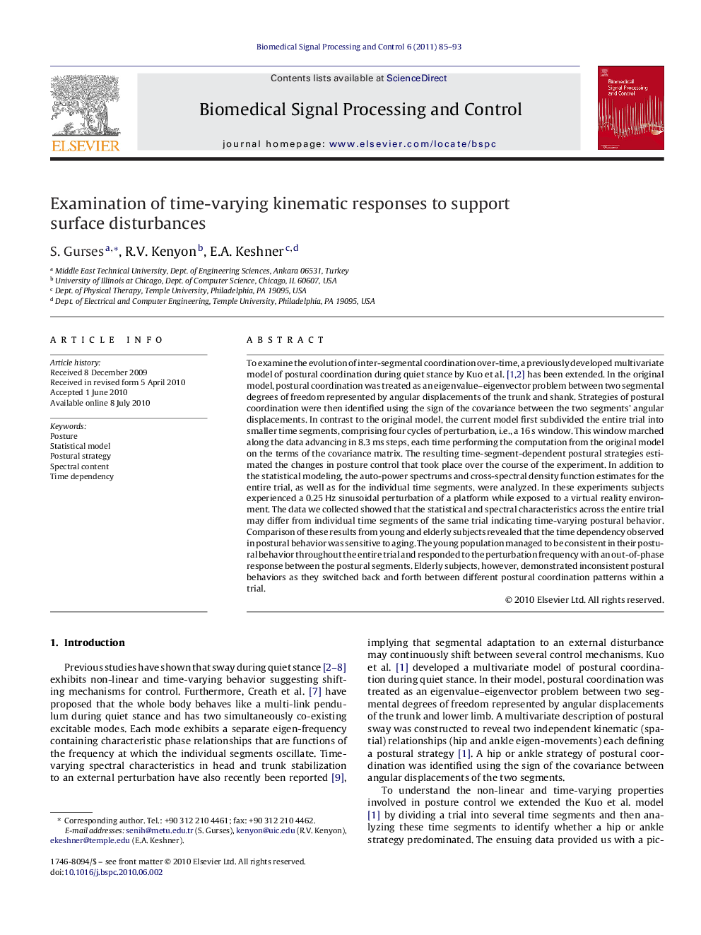 Examination of time-varying kinematic responses to support surface disturbances