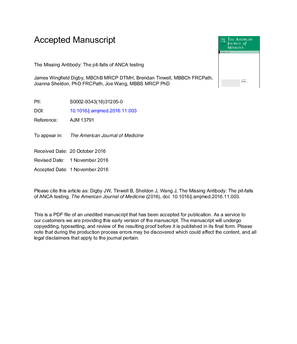 عکس صفحه اول مقاله: The Missing Antibody: The Pitfalls of ANCA Testing The Missing Antibody: The Pitfalls of ANCA Testing