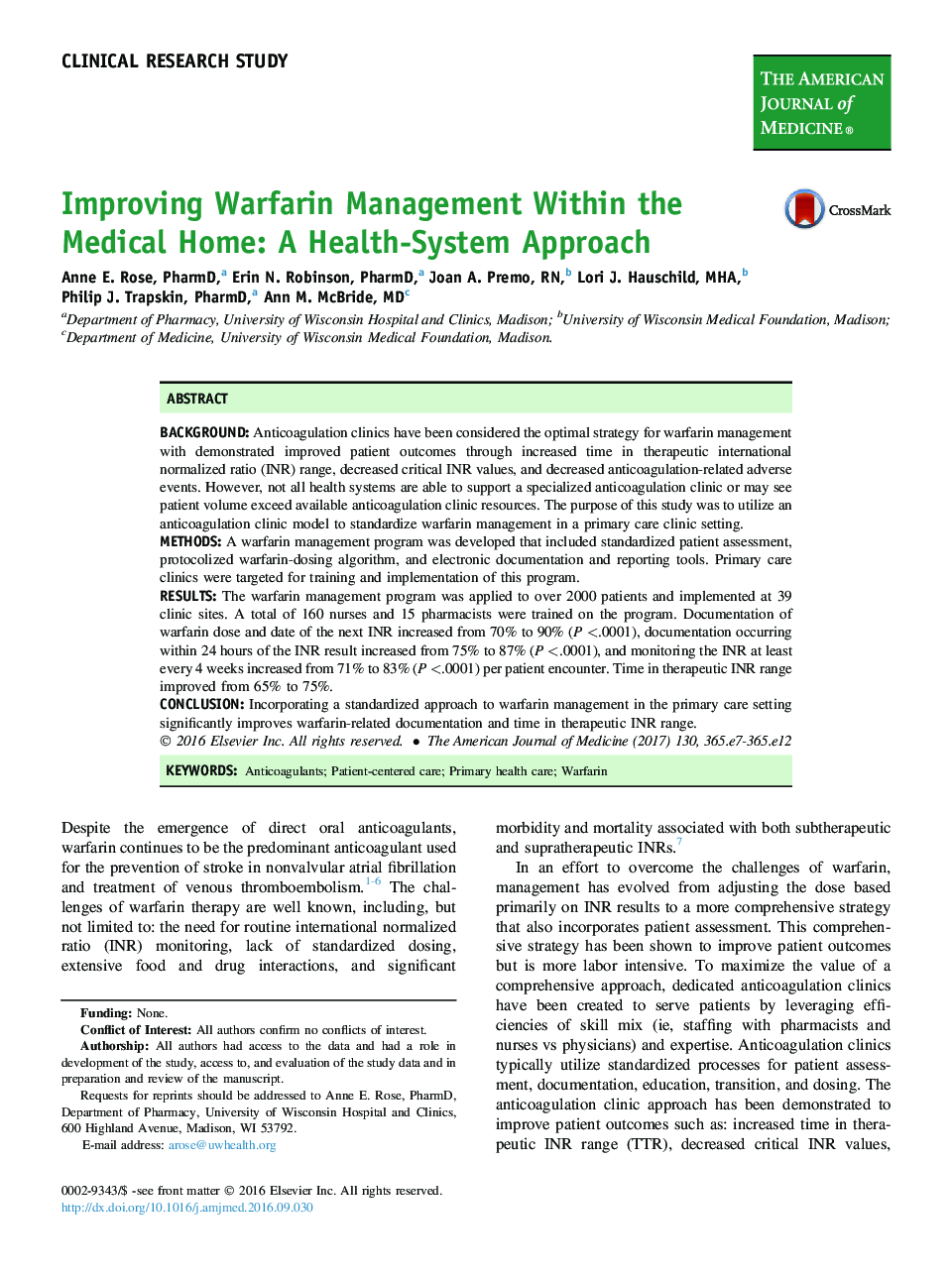 AJM onlineClinical research studyImproving Warfarin Management Within the Medical Home: A Health-System Approach