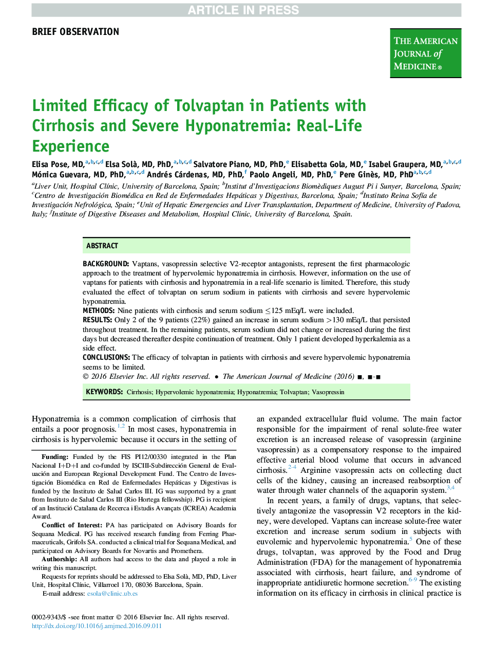 Limited Efficacy of Tolvaptan in Patients with Cirrhosis and Severe Hyponatremia: Real-Life Experience