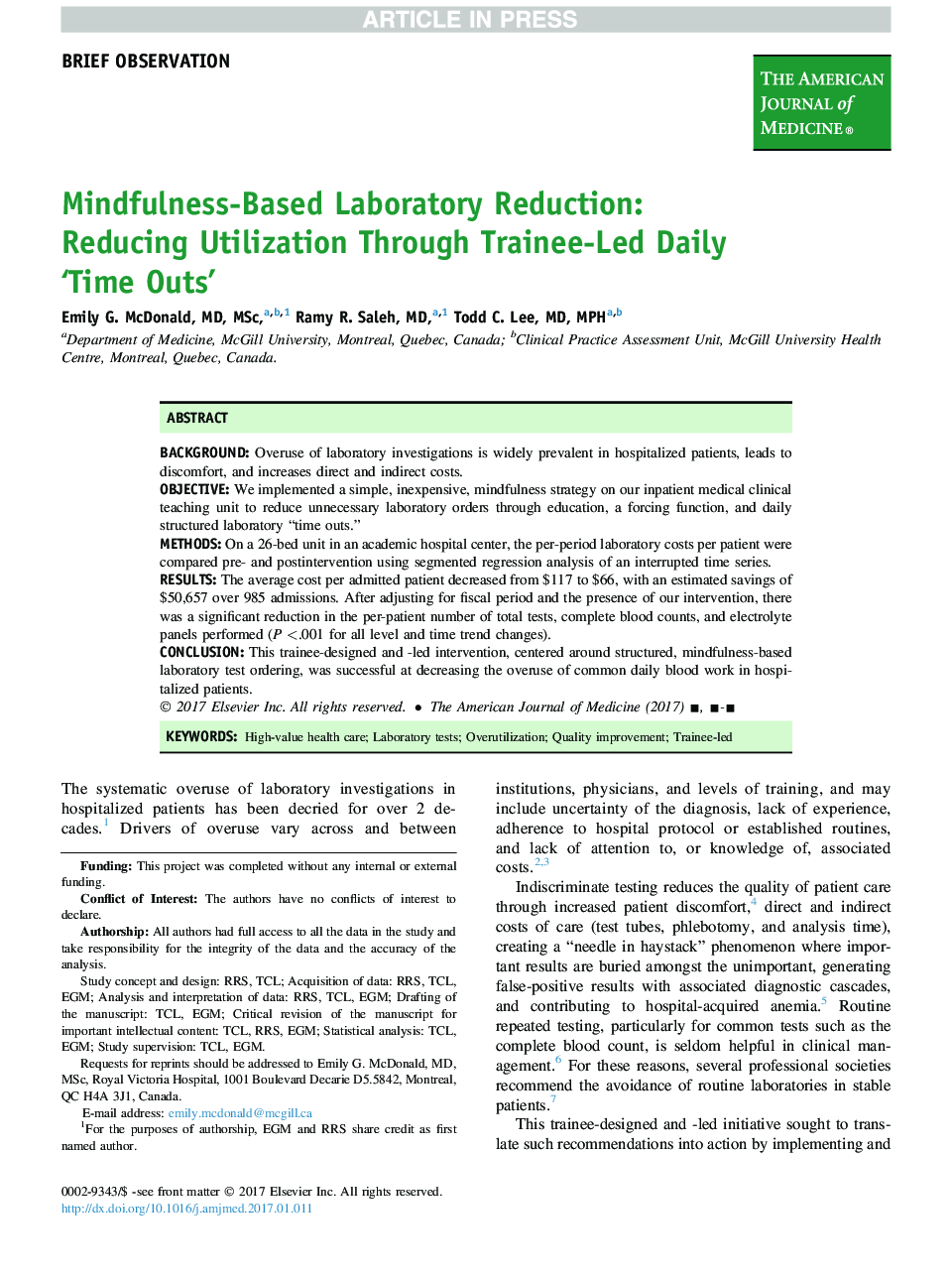 Mindfulness-Based Laboratory Reduction: Reducing Utilization Through Trainee-Led Daily 'Time Outs'