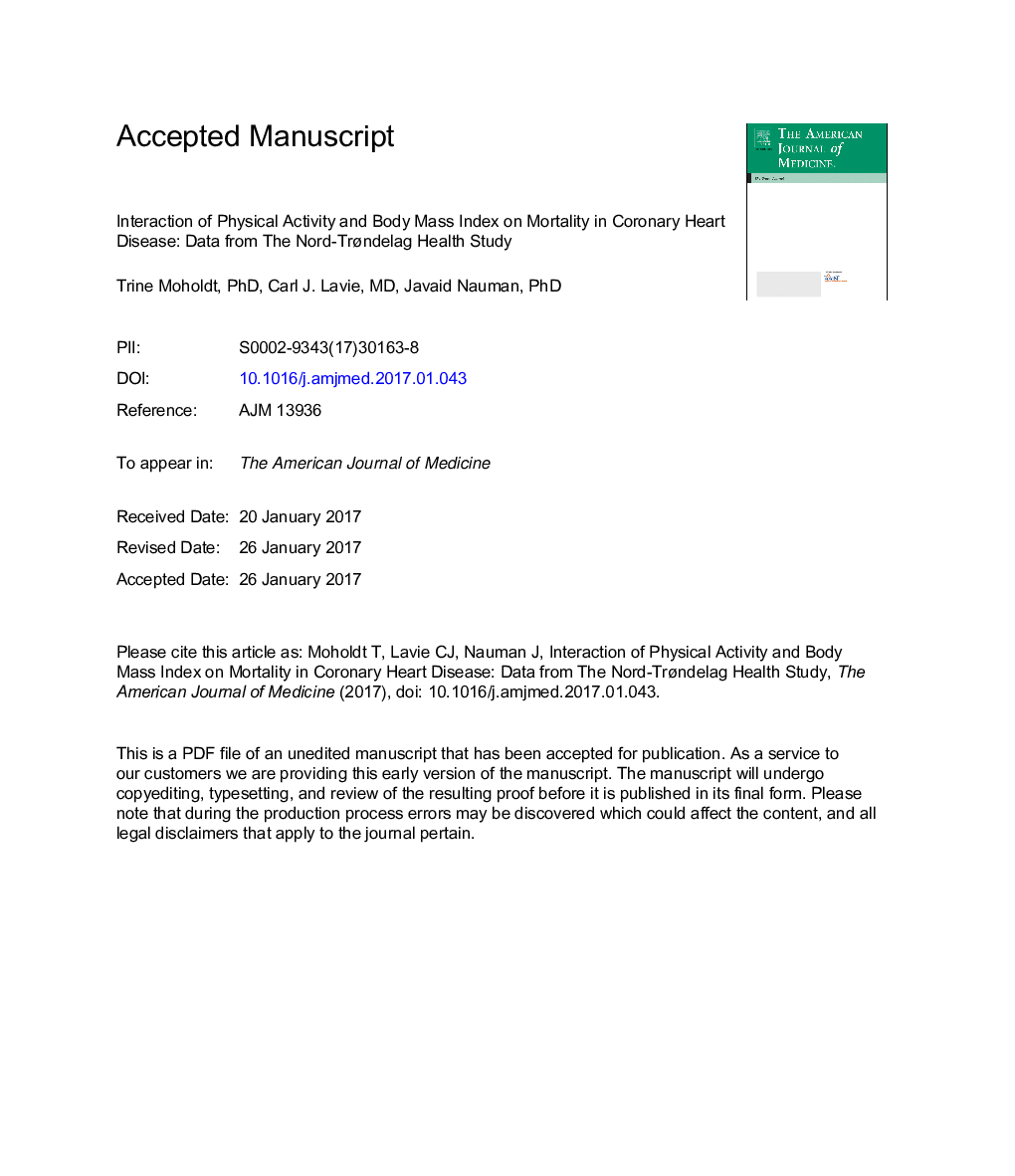 Interaction of Physical Activity and Body Mass Index on Mortality in Coronary Heart Disease: Data from the Nord-TrÃ¸ndelag Health Study